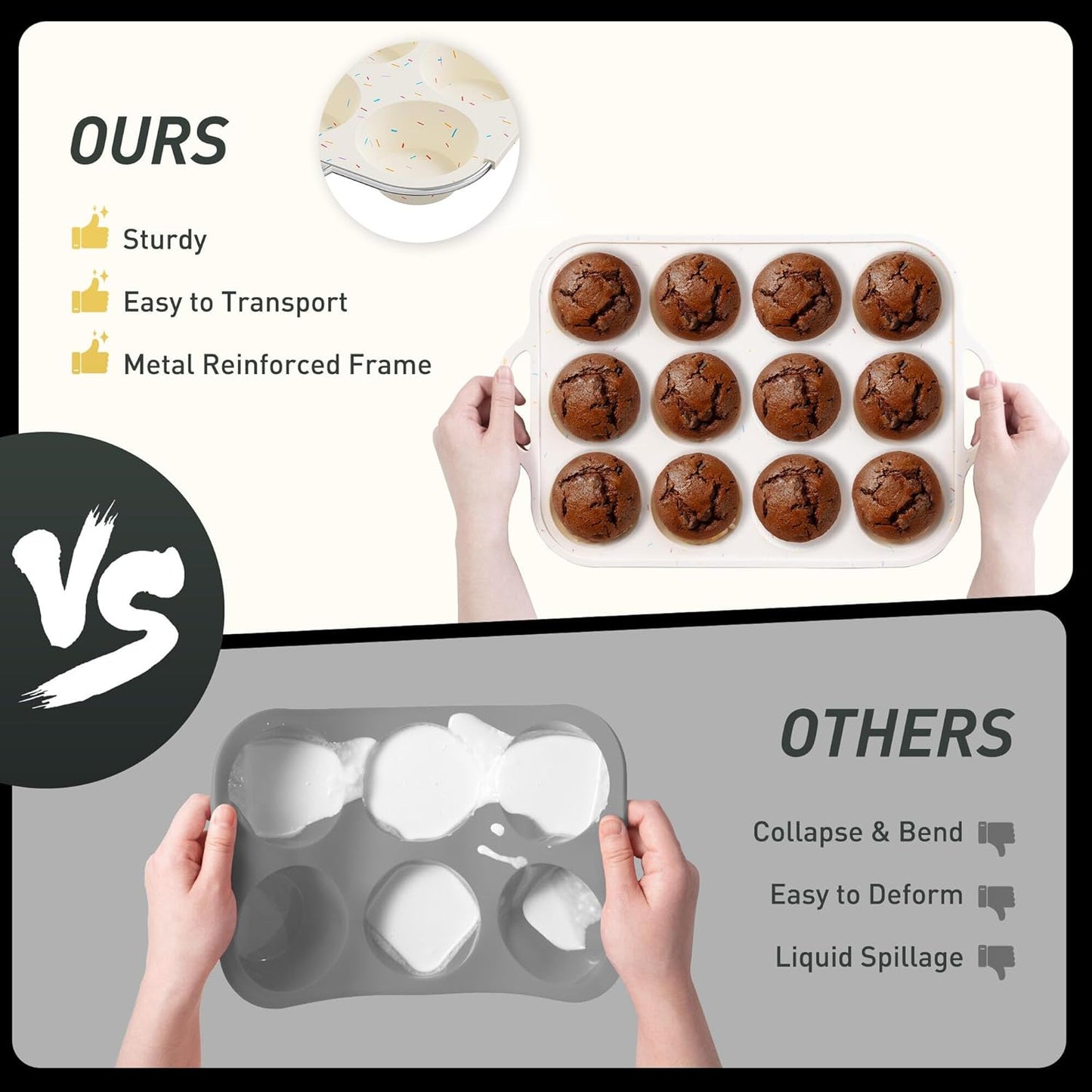 2 Packs 12 Cups Silicone Muffin Pan for Baking with Metal Reinforced Frame Regular Size Cupcake Pan Tray Chocolate Egg Pizza Bites Oven Top Cookie Molds Muffin Tin Tart Pans Sheet Set Bakeware Liner