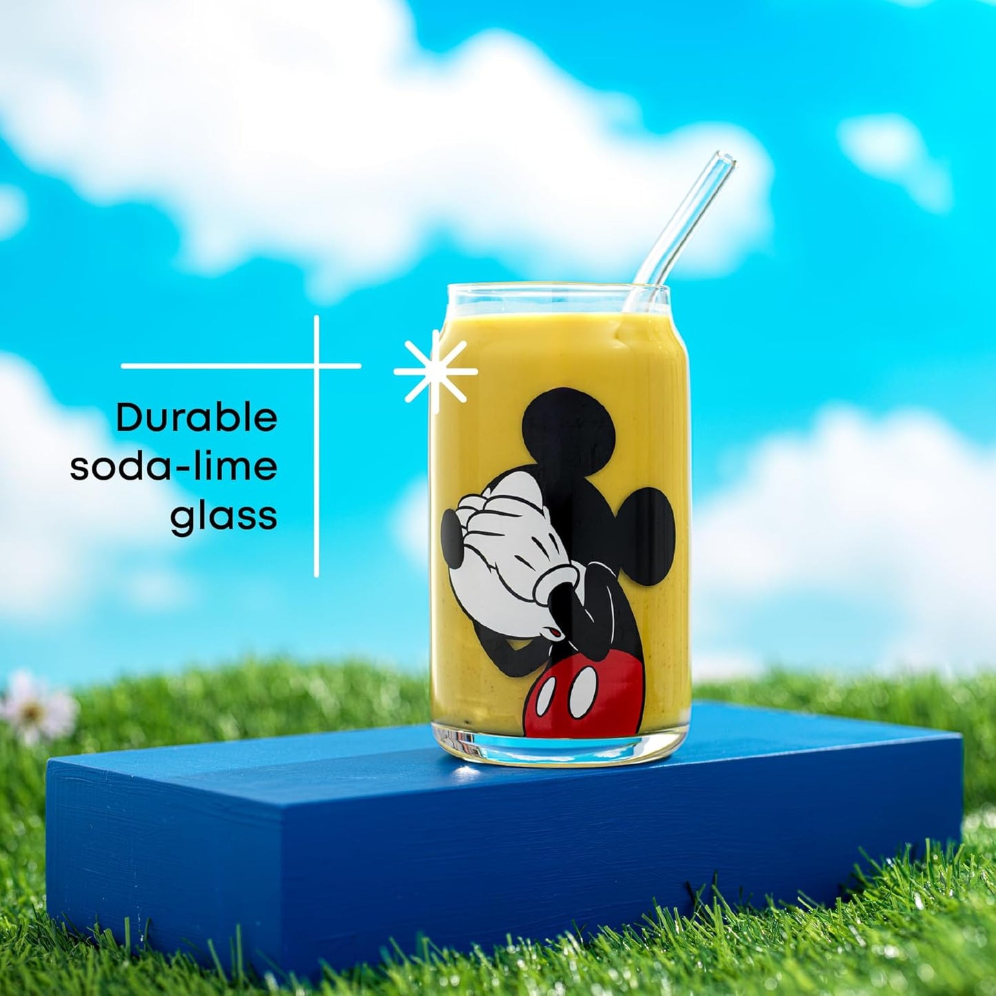 JoyJolt Disney Mickey Mouse & Friends Peek-a-Boo Collection Tumblers, 16oz Can Shape Tumbler Drinking Glass Cups Set, Glass Tumbler Set of 4 w/Glass Straws, Disney Gifts, Mickey Mouse Glasses