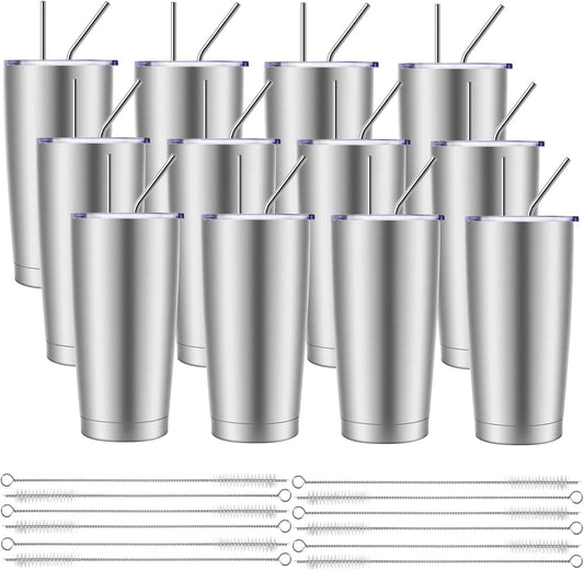 Pandance 20oz Stainless Steel Insulated Tumblers with Lid and Straw Bulk, Double Wall Vacuum Water Cups for Hot & Iced Coffee Drinks Travel Mug (Silver, 12 pack)