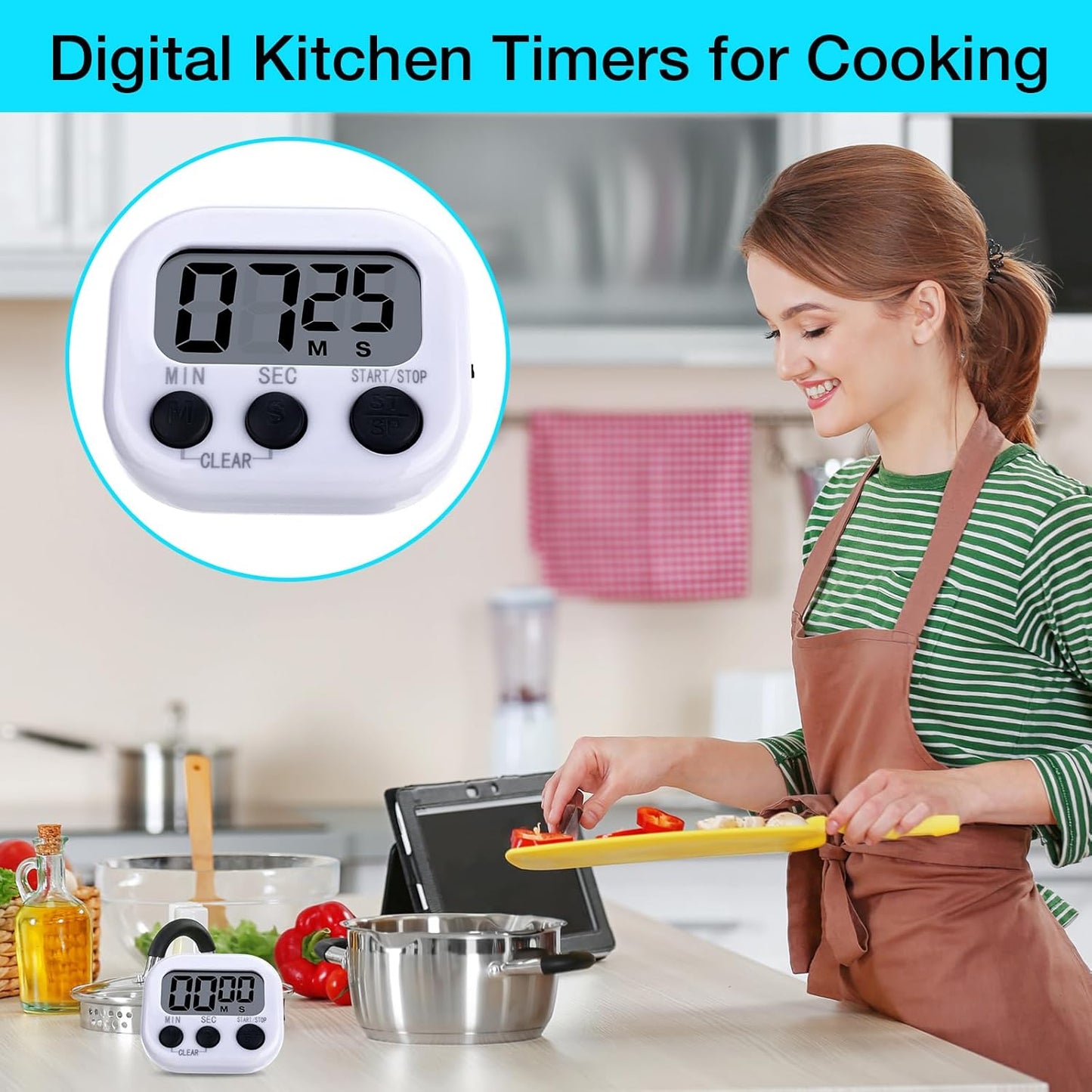 Leumoi 24 Pcs Digital Kitchen Timers Magnetic Back Timers Bulk Large Screen Loud Alarm On/Off Switch Minute Second Count up Countdown Memory Setting for Cooking Classroom Exercise (White and Black)