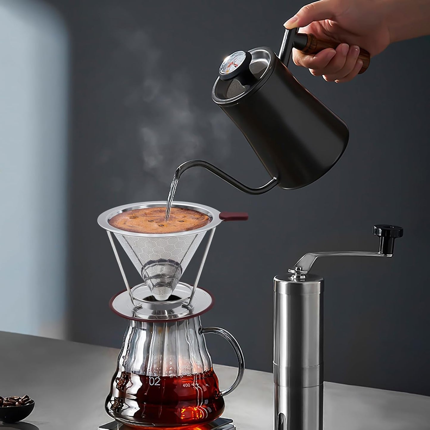 Pour Over Coffee Dripper Stainless Steel Coffee Filter Metal Cone Filter Paperless Reusable Single Cup Maker 1-2 Cup With Non-slip and Removable Cup Stand