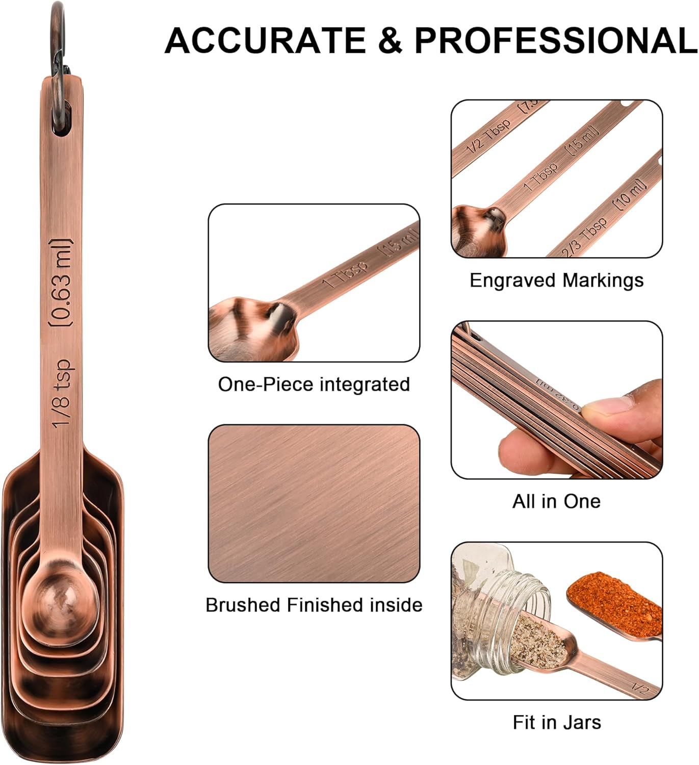 Copper Plated Measuring Cups and Spoons Set, Stainless Steel Measuring Cups and Spoons Set, 7 Kitchen Measure Cup, 9 Spice Measure Spoons, US&Metric Measuring Tools for Baking