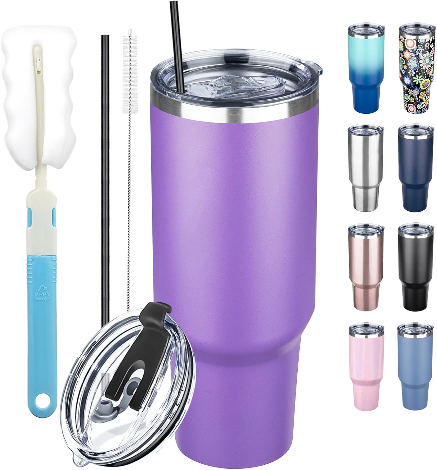 40 oz Tumbler with Lids and Straws, Stainless Steel Insulated Coffee Tumbler, Double Wall Vacuum Insulated Travel Mug Cup, Leakproof Thermal Coffee Cup for Hot and Cold Drinks (Purple)