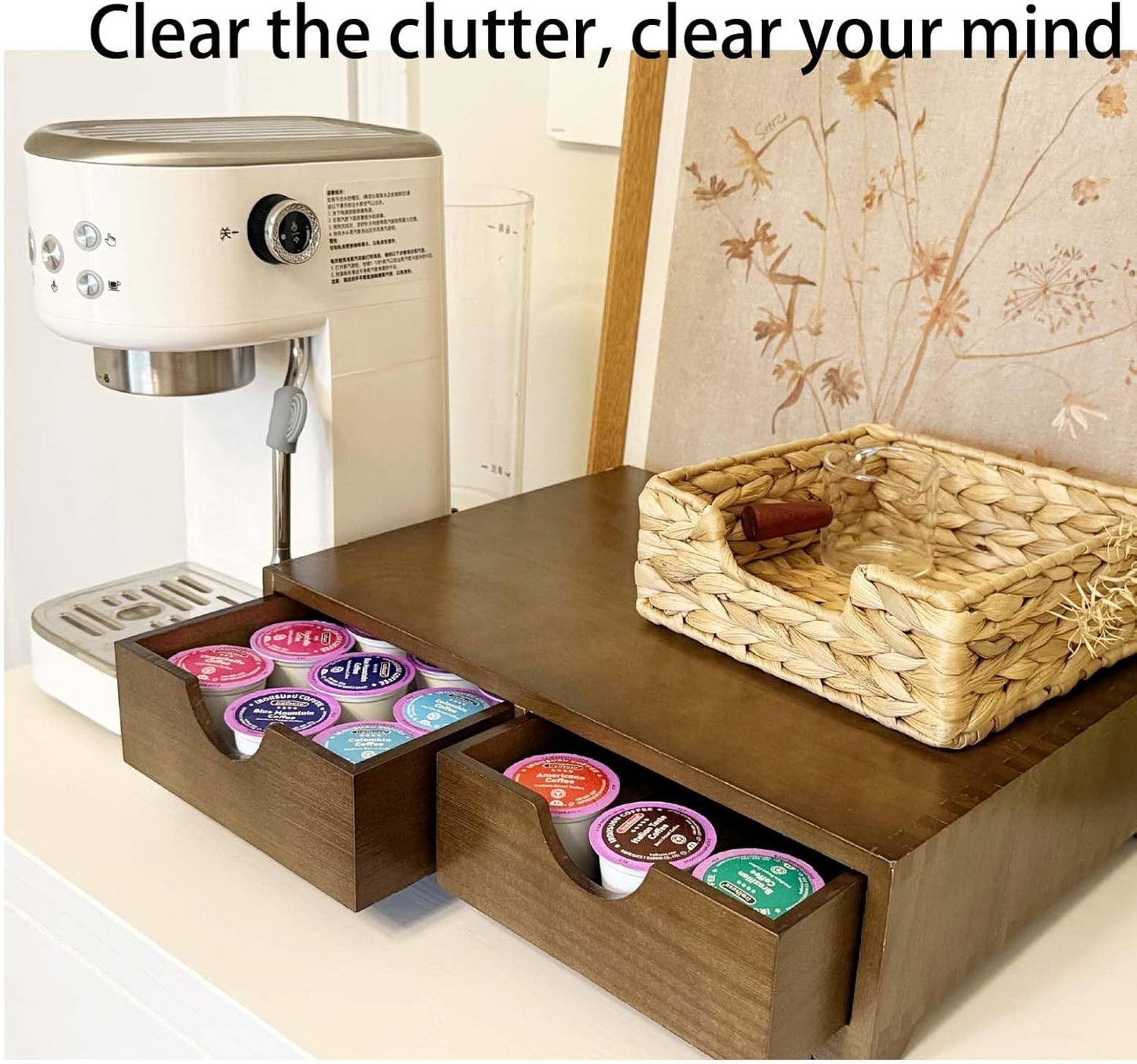Wooden Coffee Pod Organizer with 4 Anti-Slip Feet, Elevated Coffee Pod Storage Box, Tea & Coffee Capsule Holder, 30 Pod Capacity with Drawer for Moisture Protection