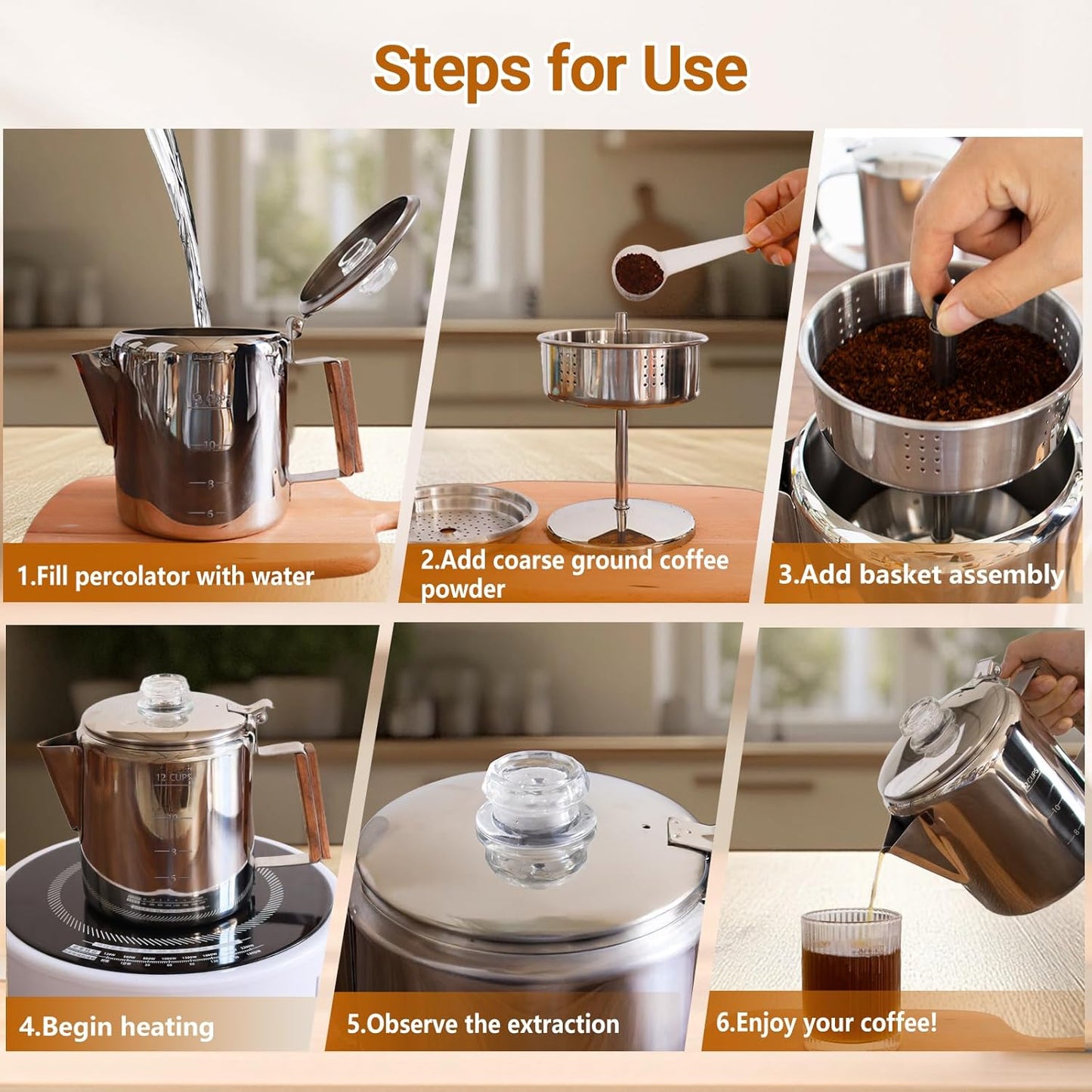 No Coating 12 Cup Percolator Coffee Pot 304 Stainless Steel Moka Pot Stovetop Espresso Maker Italian Greca Cuban Machine 2200ml 74.4oz Suitable for Gas Induction Stovetop Camping Kettle