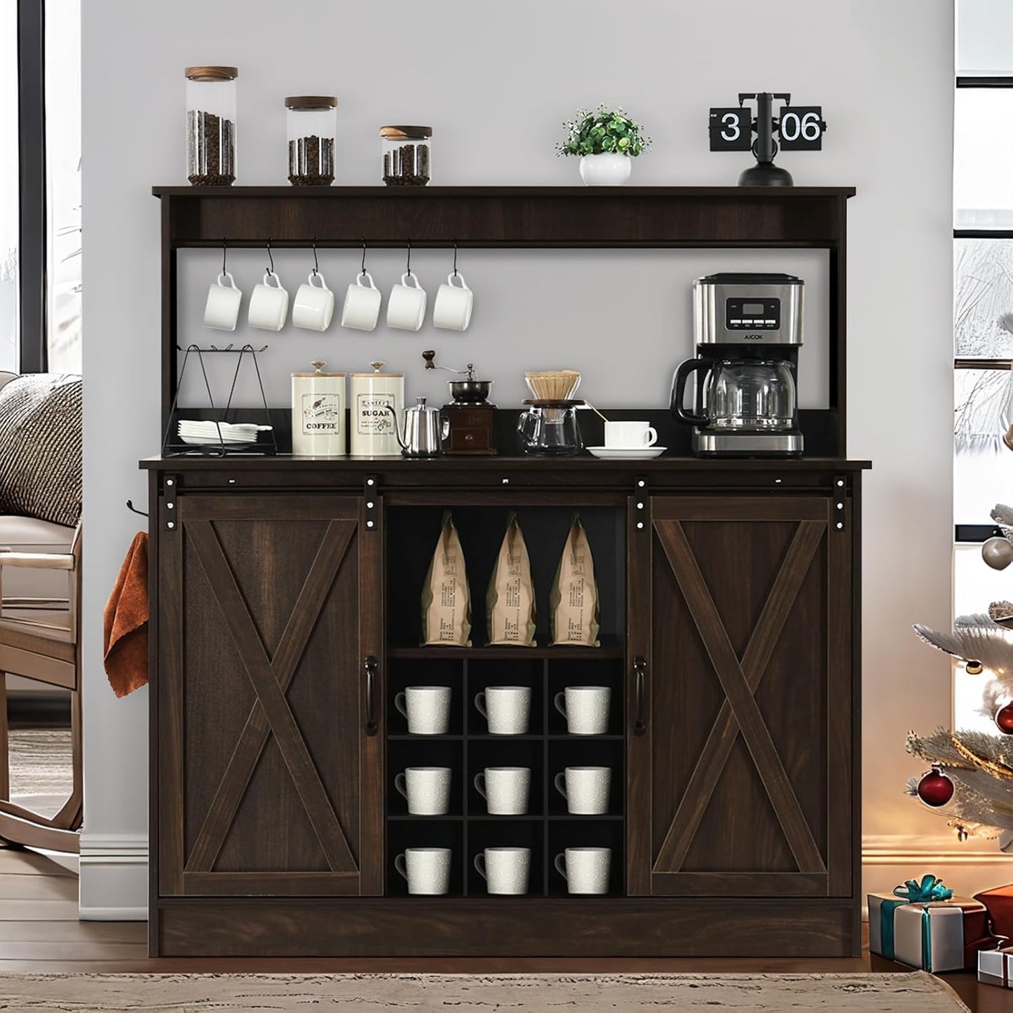 4ever2buy Farmhouse Coffee Bar Cabinet with 6 Hooks, 47 Inch Coffee Bar Hutch with 9 Wine Racks, Buffet Cabinet with Sliding Barn Door, Dark Oak