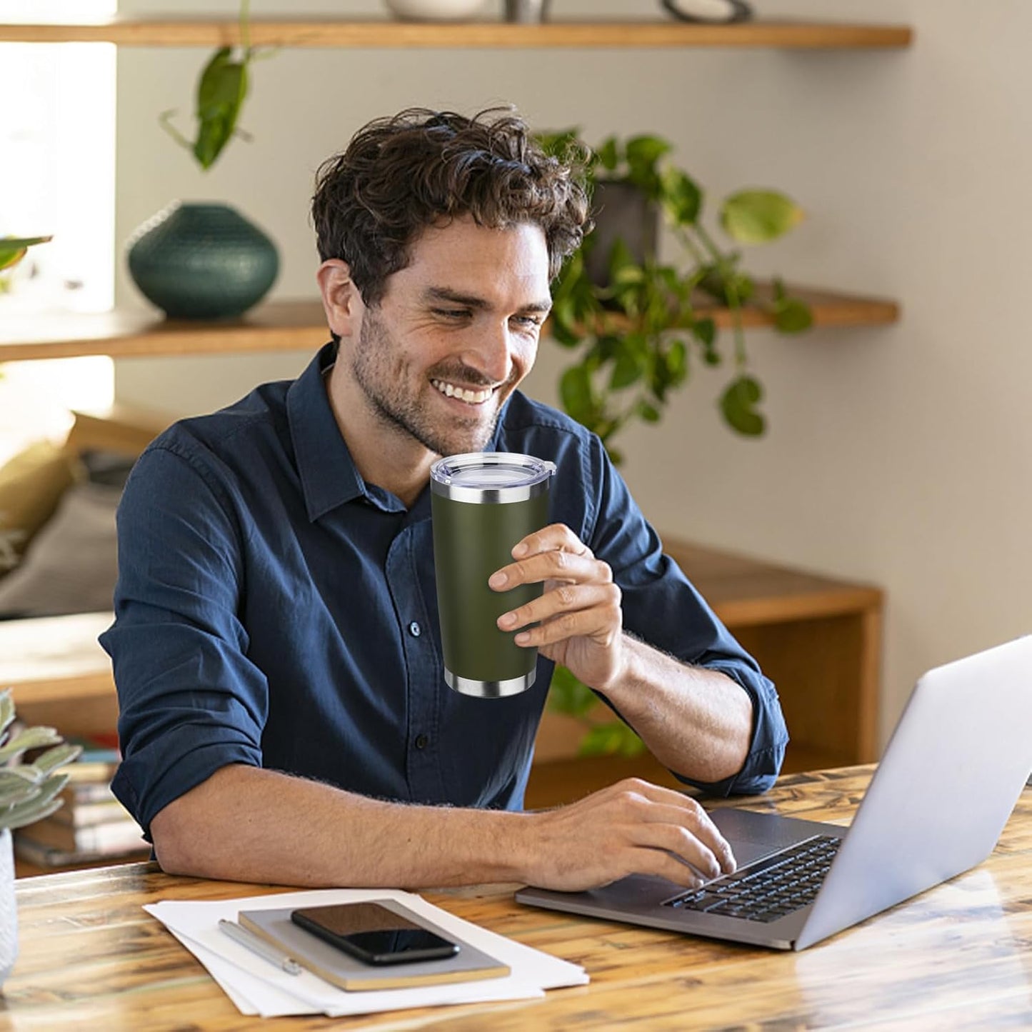 StarSpeed 20oz Tumbler Bulk with Lid, Stainless Steel Insulated Tumblers Double Wall Vacuum Insulated Travel Mug, Powder Coated Coffee Cups for Hot and Cold Drinks(Navy Green,8)