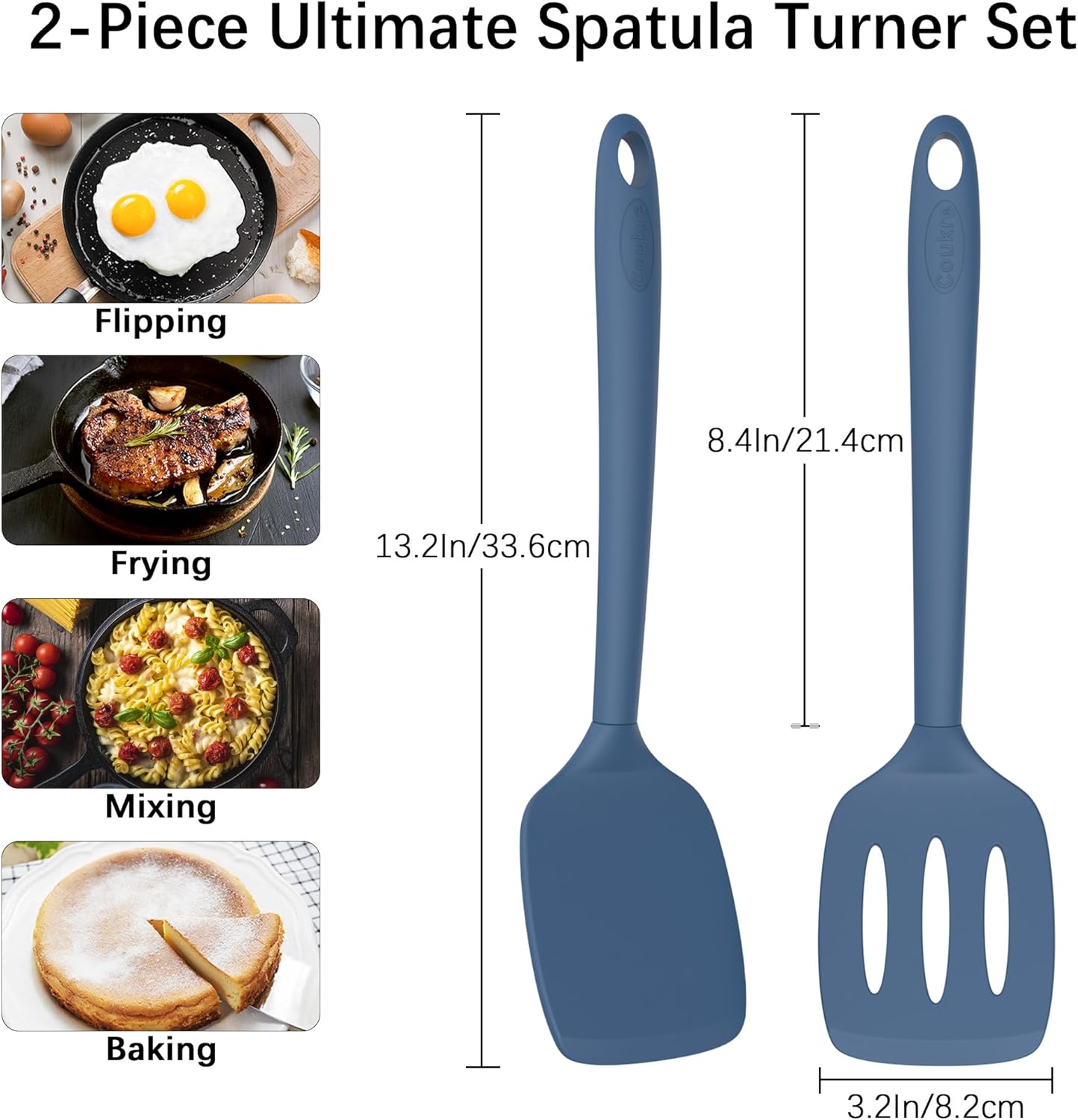 Coukre 2 Pack Silicone Spatula Set, High Heat Resistant, BPA Free Kitchen Spatula, Solid & Slotted Turner for Non-Stick Pans, Sautéing, and Flipping (2, PureDarkBlue)