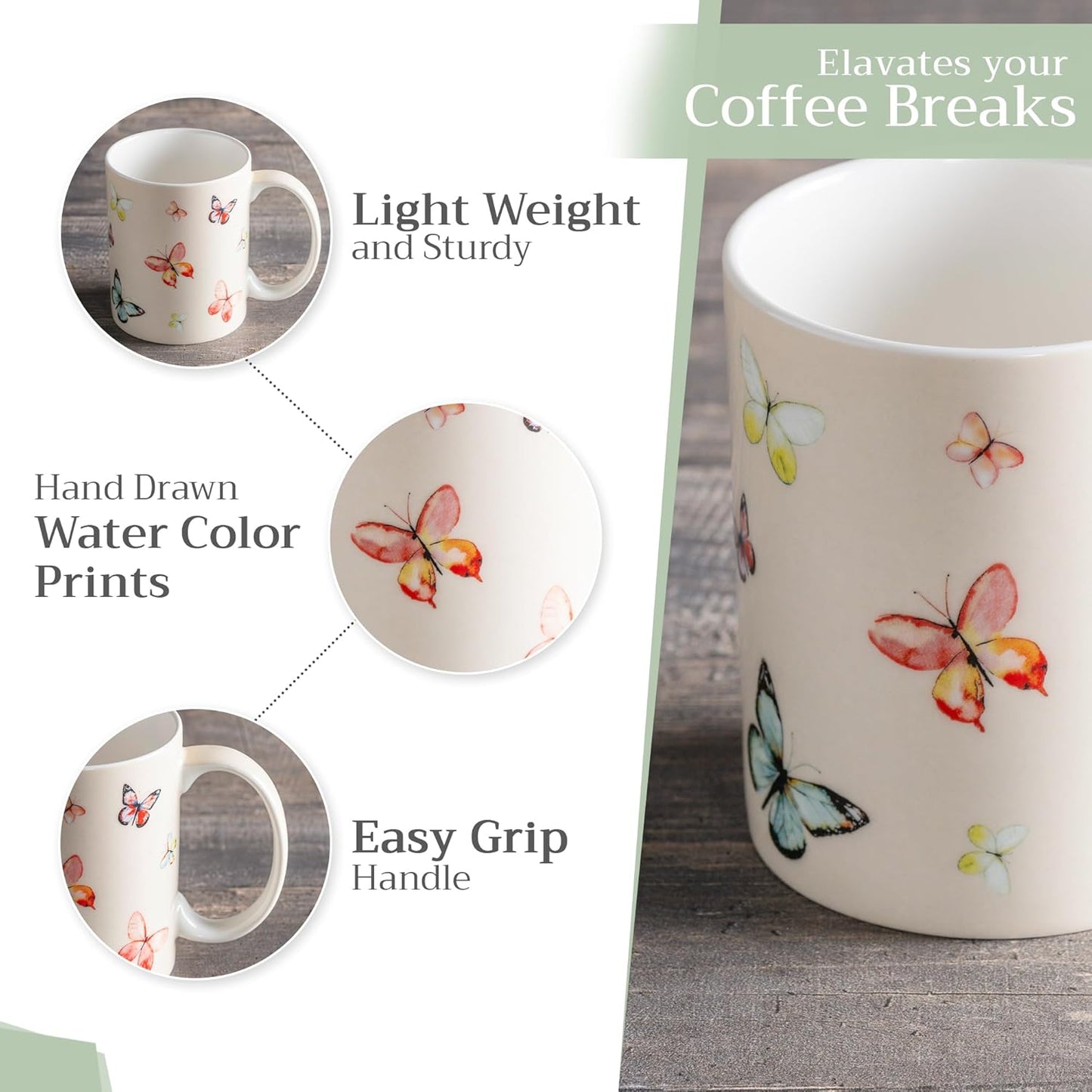 Maison d' Hermine Coffee Mug with Handles Fine Bone China Mugs Pack of One Tea Cups for Hot Beverages Cappuccino Latte Home Restaurant Office Perfect for Gift (Botanical Fresh - Butterflies, 15 Ounce)