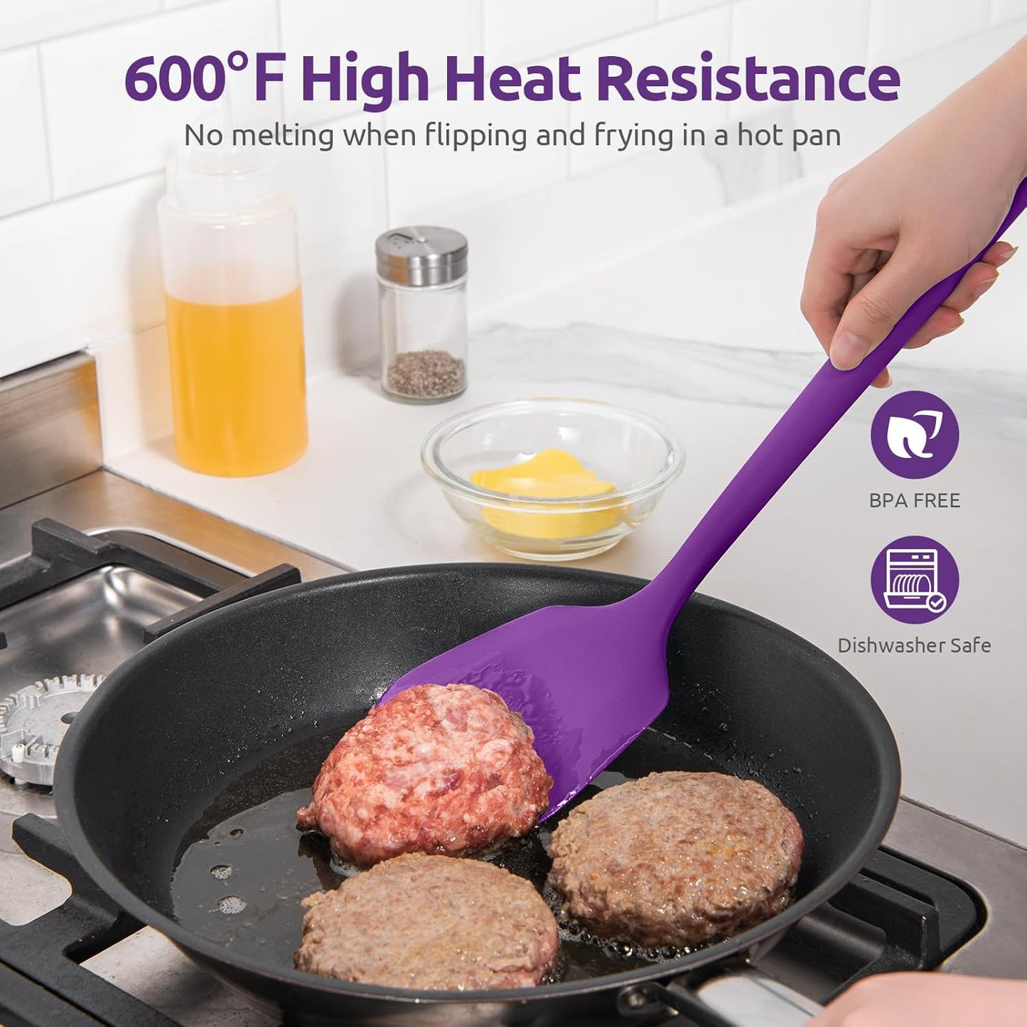 600ºF Heat Resistant Silicone Turner: U-Taste 13.6in Solid Kitchen Spatula Flipper, Food Grade Flexible & Thin Rubber Seamless Cooking Utensil for Flipping Egg, Pancake in Nonstick Cookware (Purple)