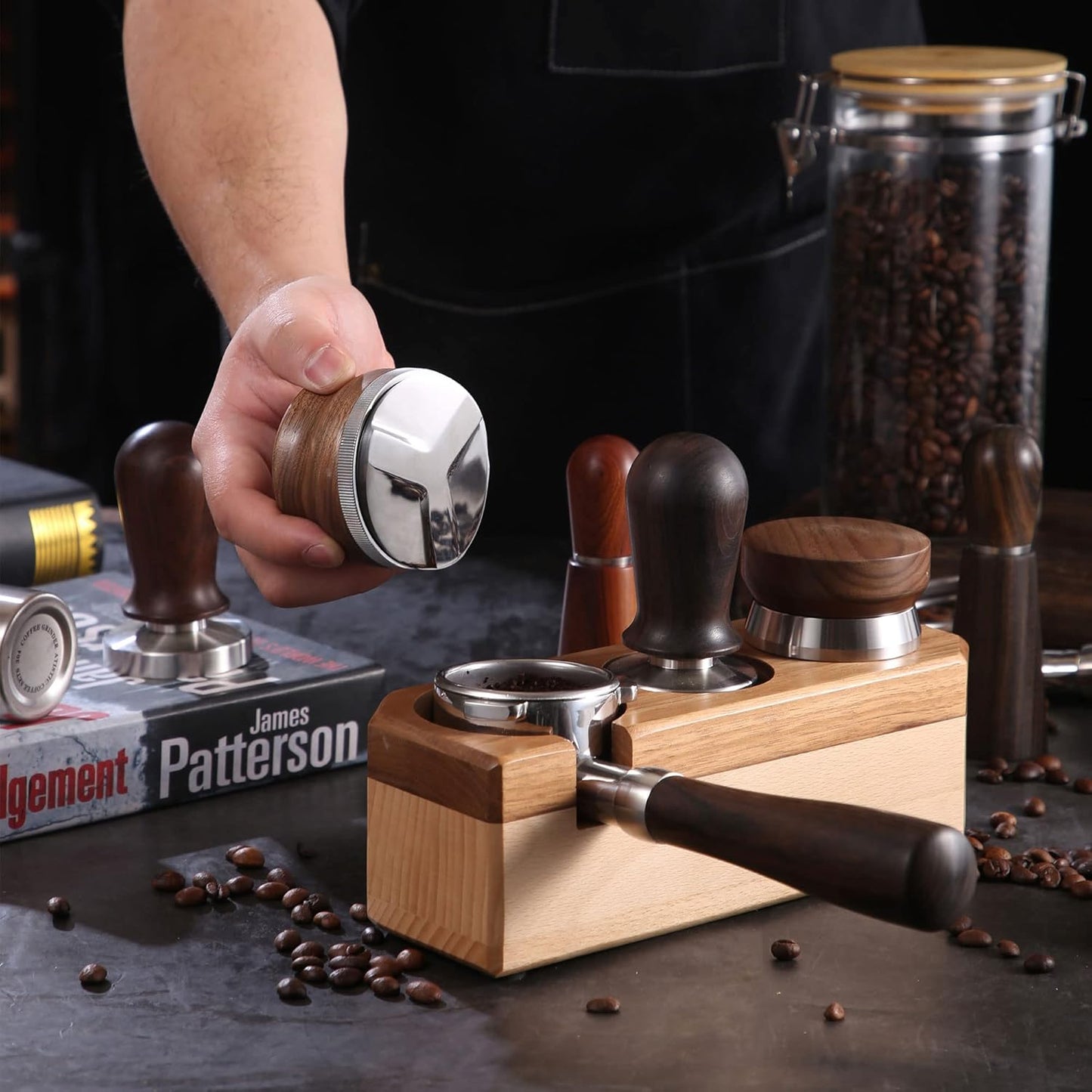 51mm Coffee Distributor, Espresso Distribution Tool, Adjustable Depth Espresso Tamper Leveler with Walnut Wood Handle Fits for 51mm Delonghi Barista Portafilter