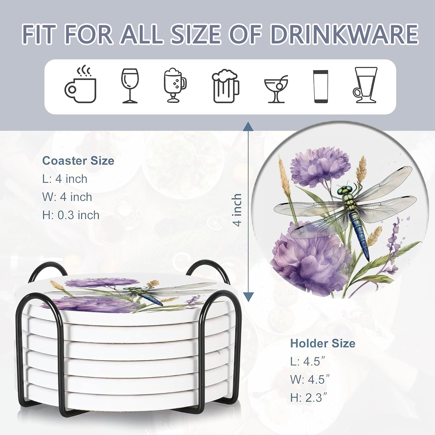 Coaster for Drinks Set of 6, Dragonfly Flower Absorbing Round Ceramic Stone Coaster with Cork Base,Tabletop Protection Mat for Mugs and Cups,Coffee Table Wine Glass Home Bar 4 Inch