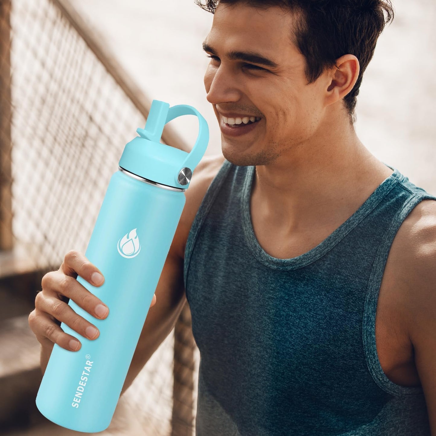 SENDESTAR Stainless Steel Water Bottle, Wide Mouth 32 oz Water Bottle with Straw Lid, Spout Lid, Double Wall Vacuum Insulated Leak Proof, Keeps Liquids Hot or Cold (Sky Blue)