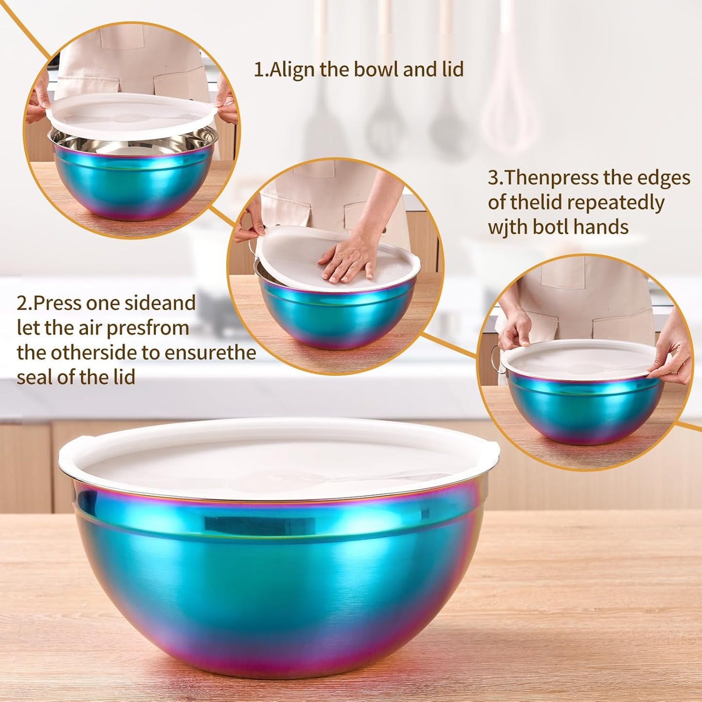 Rainbow Mixing Bowls With Airtight Lids,Stainless Steel Bowl,Salad Bowls 7 Piece Colorful Nesting Bowl Rainbow Kitchen Accessories,Size 7,3.6,2.7,2.1,1.5,1.1,0.8QT Stackable Design