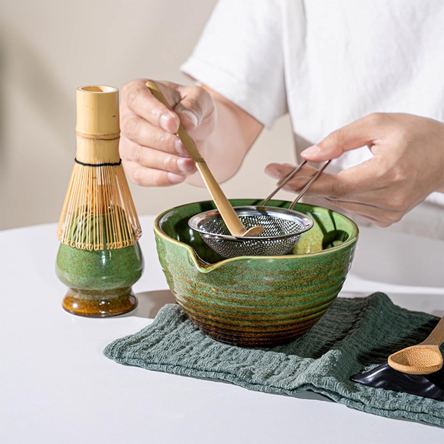 Matcha Whisk Set, Japanese Matcha Set Includes Matcha Bowl with Spout, Matcha Whisk Holder, Bamboo Matcha Whisk and Sifter Scoop, 17 oz Green Glaze Ceramic Matcha Kit for Tea Lovers