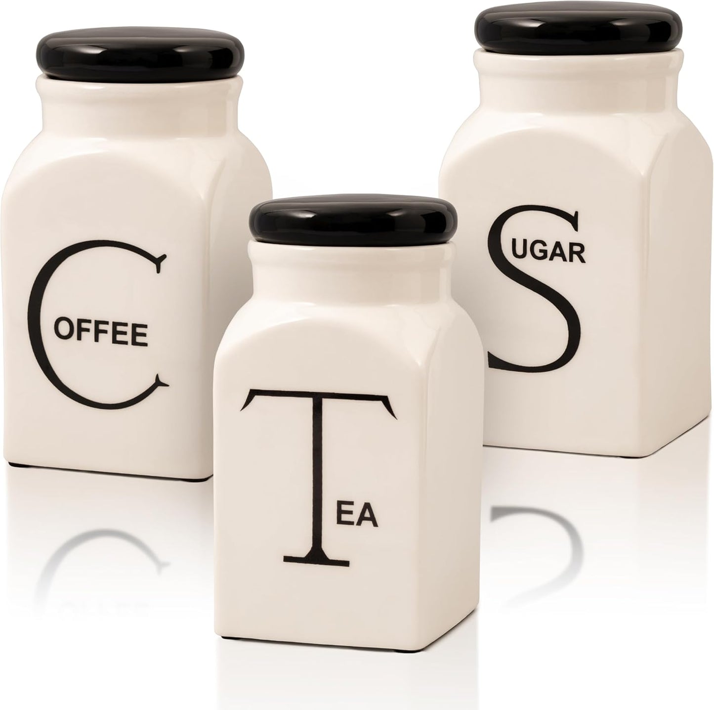 Ceramic Canister Set of 3 – Small Kitchen Canisters for Sugar, Coffee & Tea – Airtight Food Containers with Lids – Coffee Canister, Sugar Container, Tea Set
