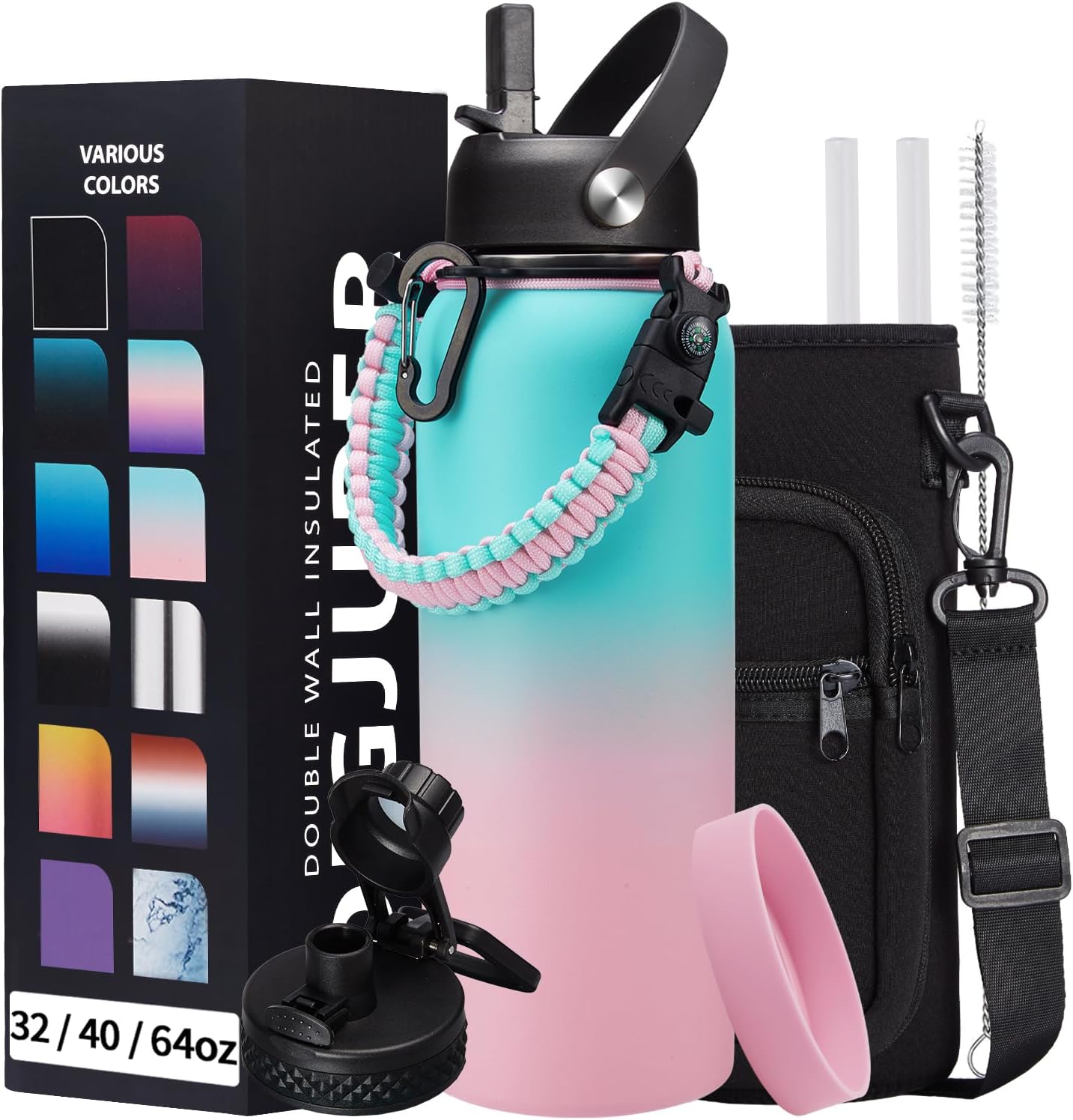 40 oz Insulated Water Bottle - Stainless Steel Water Bottles with Straw & Spout Lids, Paracord Handle, Carrier Bag, Protective Cup Mat, Keep Cold-48H & Hot-12H Metal Water Flask