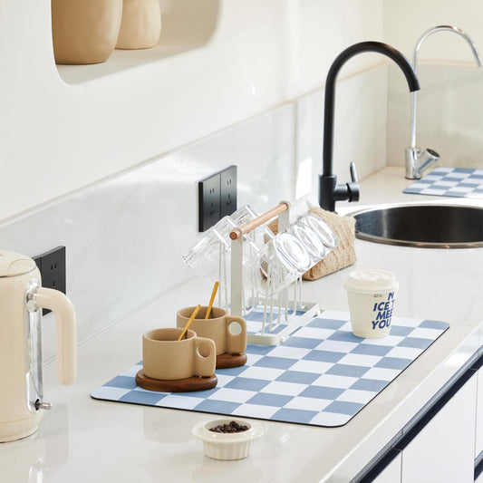 Checkered Dish Drying Mat for Kitchen Counter, Coffee Bar, Coffee Station Accessories, Retro Cute Aesthetic Modern Absorbent Drainer Mat Kitchen Drying Mat Easy Clean, Blue 16" x 24"