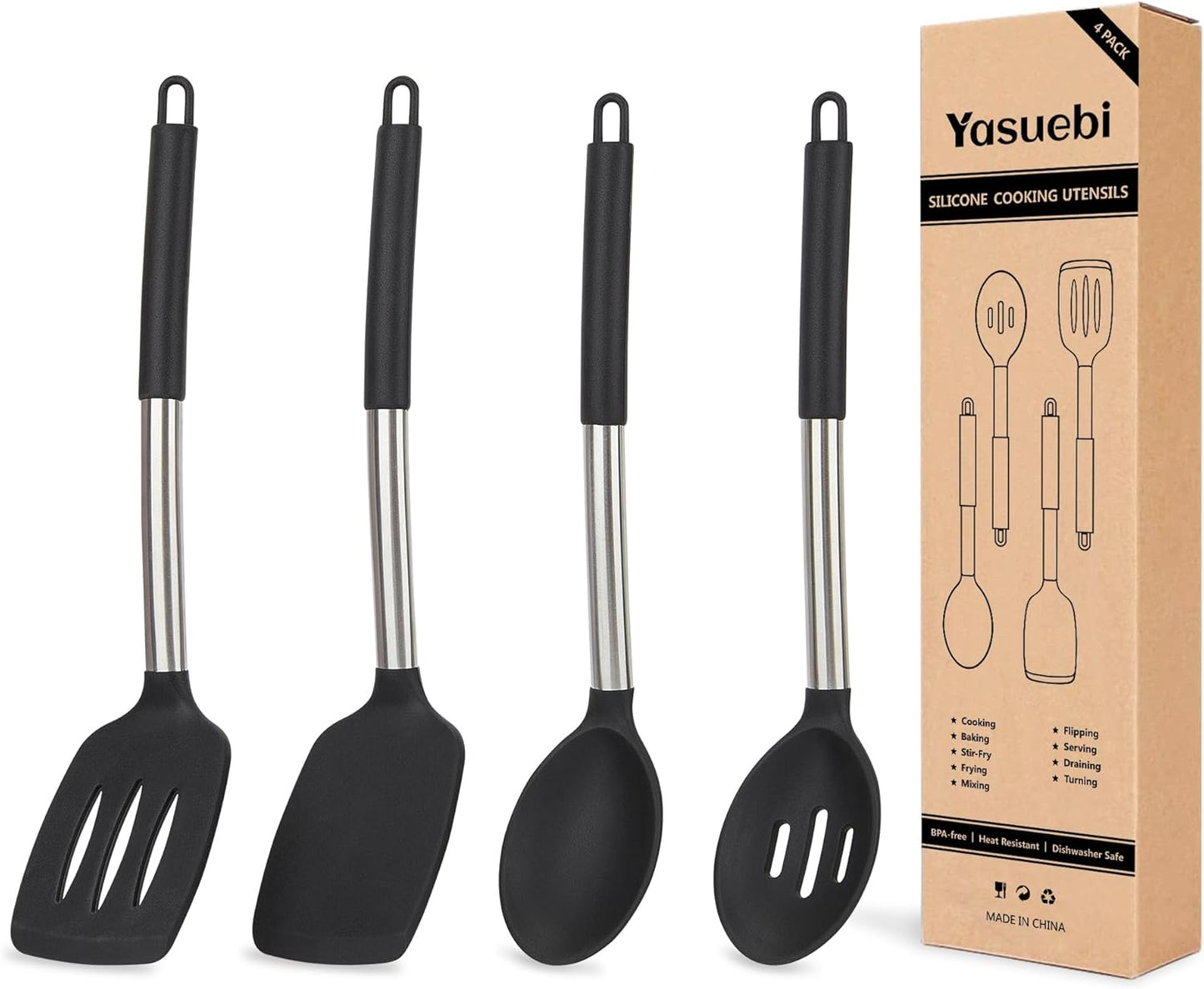 Kitchen Utensils Set of 4 Pack,Silicone Cooking Utensils Set for Nonstick Cookware,Perfect for Baking and Mixing,Spatula Set BPA Free,Dishwasher Safe,Black