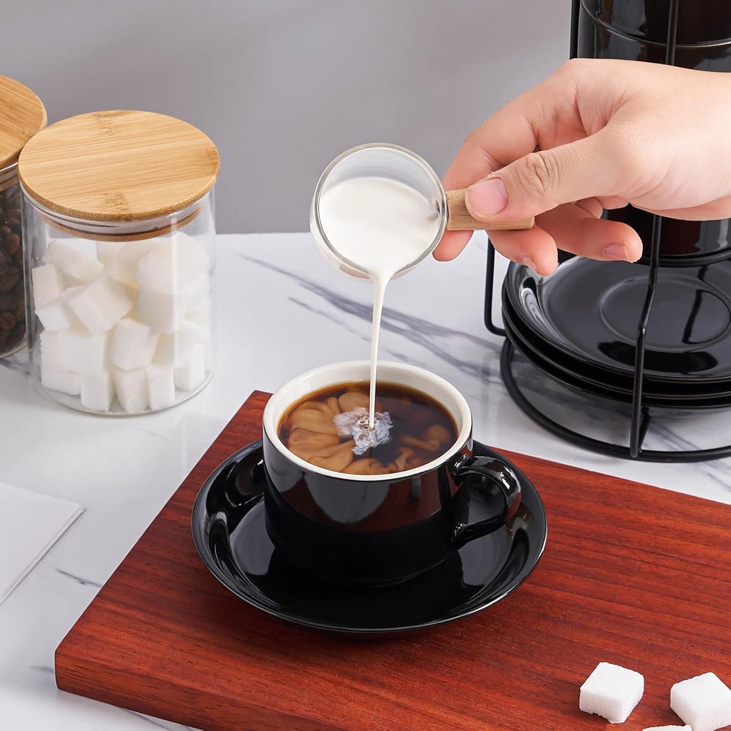 YOLIFE 8oz Porcelain Stackable Cappuccino Cups with Saucers and Metal Stand Set of 4, Coffee cups for Espresso, Specialty Coffee Drinks, Latte, Americano and Tea - Black