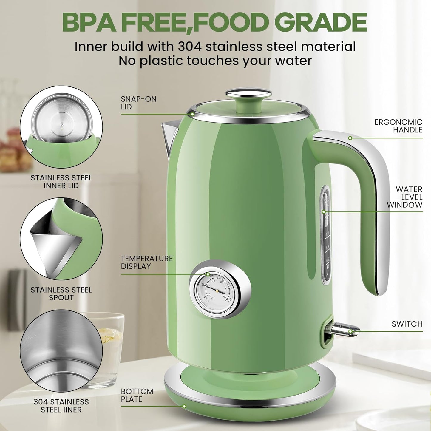 Pukomc Electric Kettle,1.7L Stainless Steel Electric tea kettle with Temperature Gauge, Fast Boiling, Auto Shut - off, BPA - Free, Boil - Dry Protection, (Retro Green)