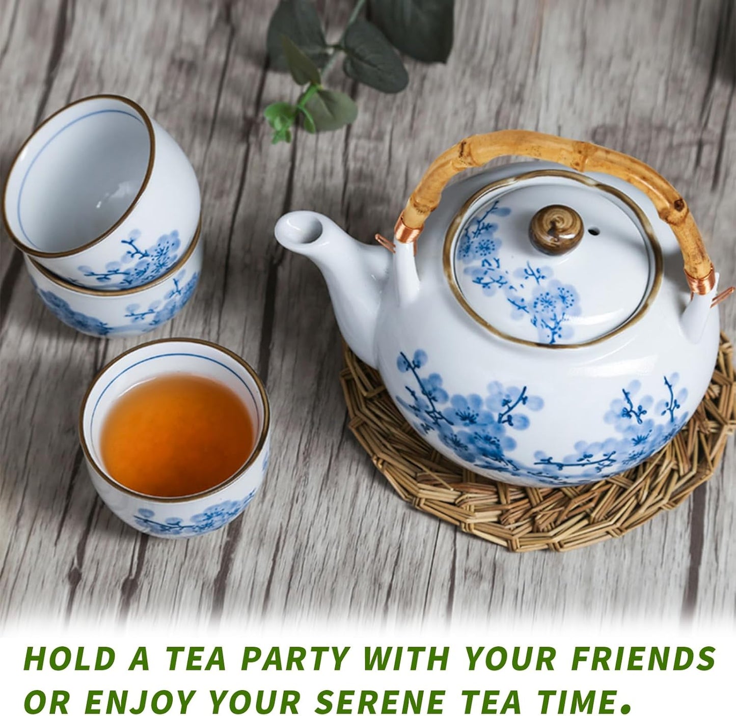 Japanese Tea Set Porcelain Tea Set with Teapot and Tea Cup Set for 4, Blue and White Tea Sets for Adults with Stainless Infuser and Bamboo Tray, Asian Tea Set for Tea Lovers/Women/Men (Plum & Bamboo)