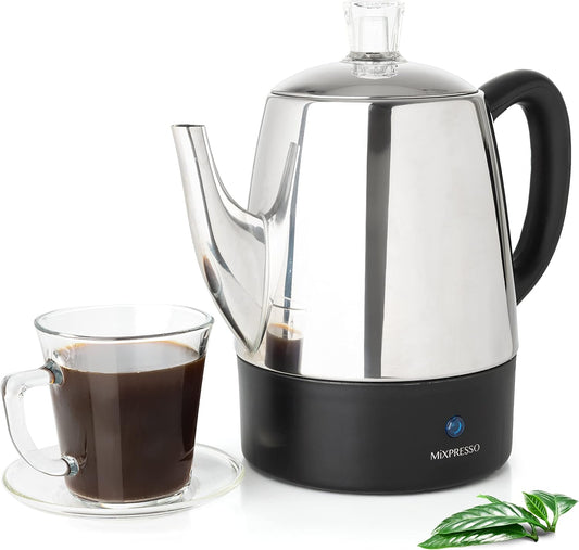 Mixpresso Small Percolator Coffee Pot Electric 4 Cup, Stainless Steel Coffee Maker, Coffee Percolator Electric With Keep Warm Function, 4 Cups Stainless Steel Perculator With Basket