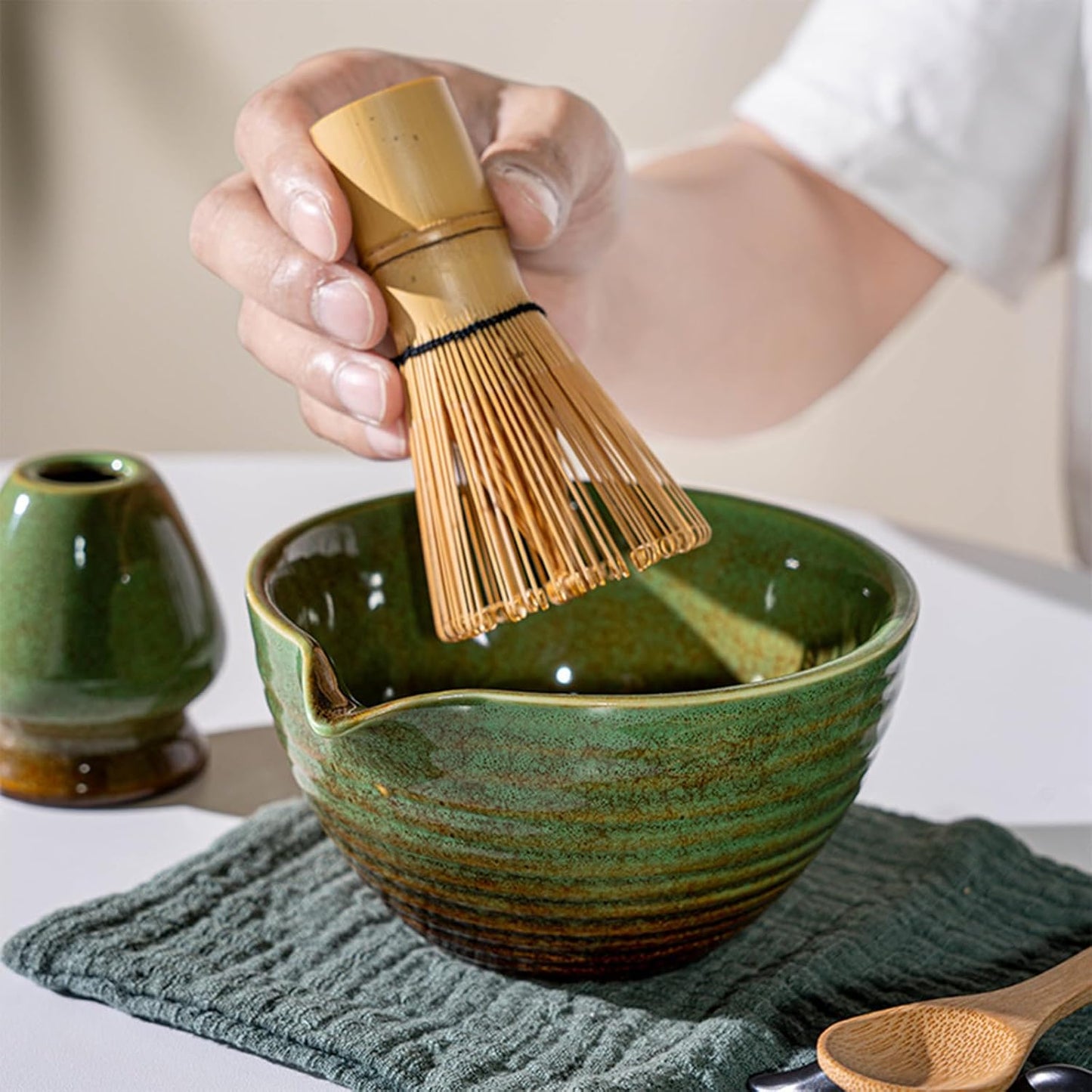 Matcha Whisk Set, Japanese Matcha Set Includes Matcha Bowl with Spout, Matcha Whisk Holder, Bamboo Matcha Whisk and Sifter Scoop, 17 oz Green Glaze Ceramic Matcha Kit for Tea Lovers