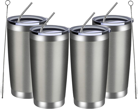 MEWAY 20oz Tumbler 4 Pack Double Wall Vacuum Insulated Travel Mug Bulk, Stainless Steel Tumblers with Lid and Straw, Durable Powder Coated Coffee Cups for Cold & Hot Drinks (Cold Gray, 4)