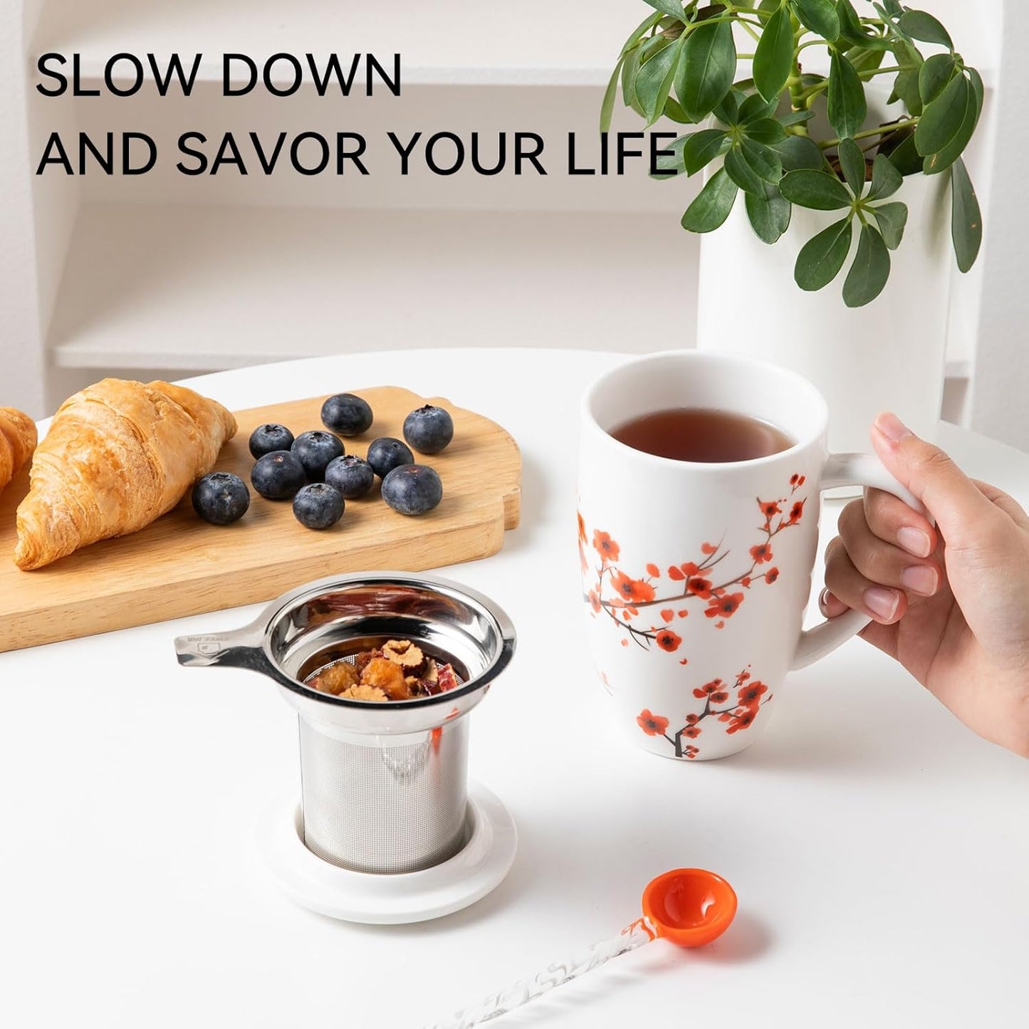 Sweejar Porcelain Tea Mug with Infuser and Lid,Teaware with Filter, Loose Leaf Tea Cup Steeper Maker, 16 Fl Oz for Tea/Coffee/Milk/Women/Office/Home/Gift (Plum Blossom)