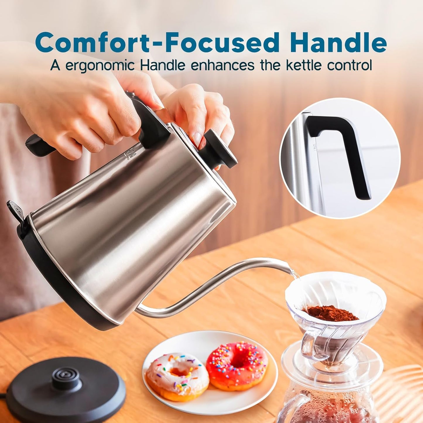 Nueve&Five Gooseneck Electric Kettle with Thermometer,Electric Tea Kettle 1L with Auto Shut-Off，1000W Hot Water Kettle of Stainless Steel,Pour Over Kettle for Coffee & Tea -Chrome