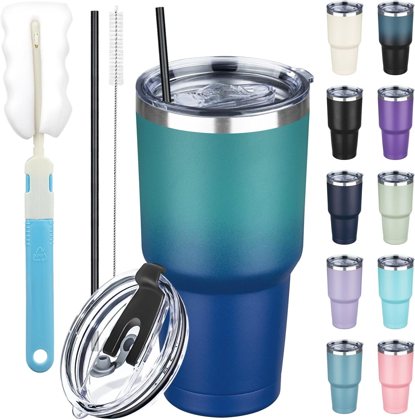 30 oz Tumbler with Lids and Straws, Stainless Steel Insulated Coffee Tumbler, Double Wall Vacuum Insulated Travel Mug Cup, Leakproof Thermal Coffee Cup for Hot and Cold Drinks (dark green blue)