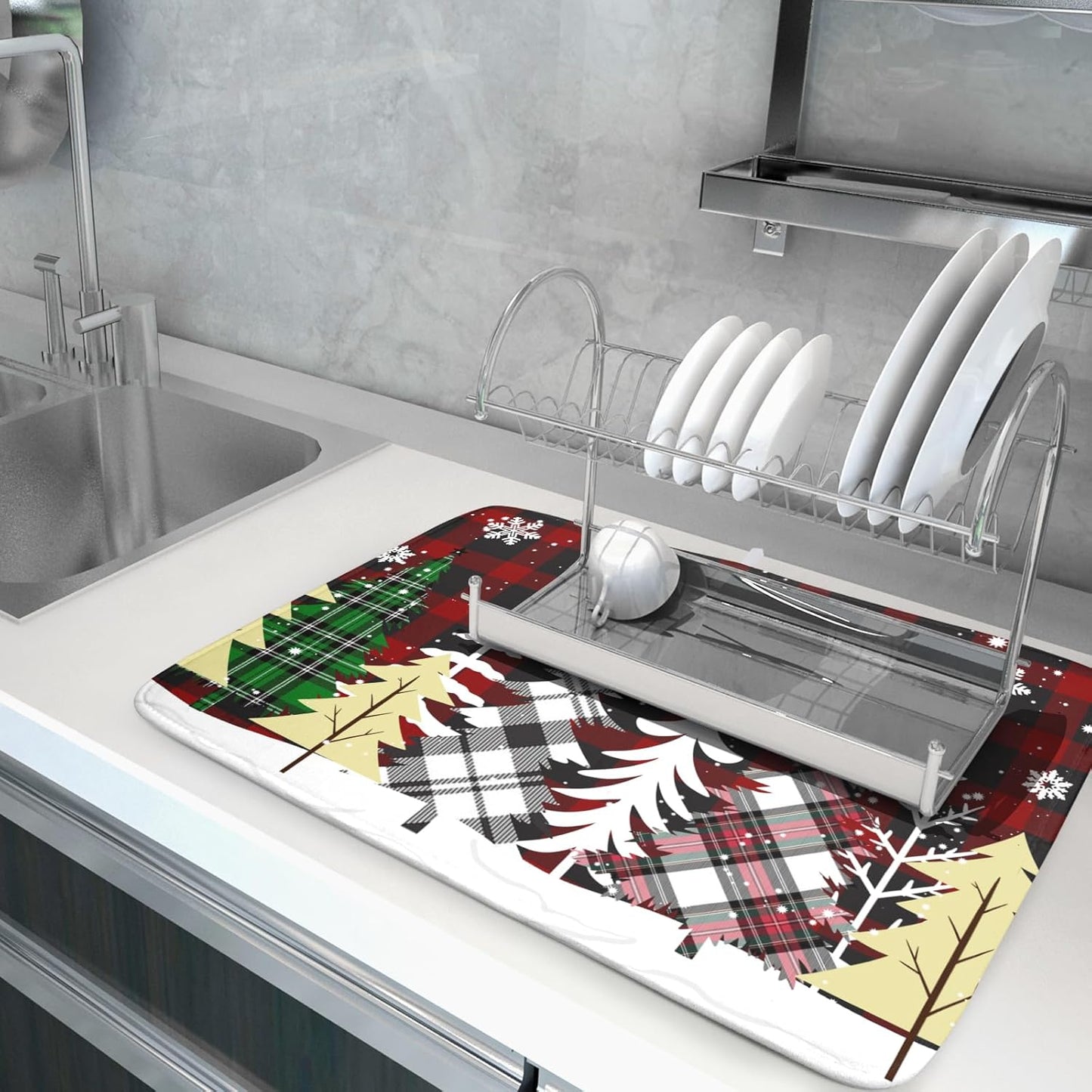 Christmas Dish Drying Mat for Kitchen Counter 16”x18” Christmas Tree Buffalo Plaid Dish Draining Mat Ultra Absorbent Microfiber Pad Holiday Mats Fast Drying Mat Table Protector for Countertop Bar