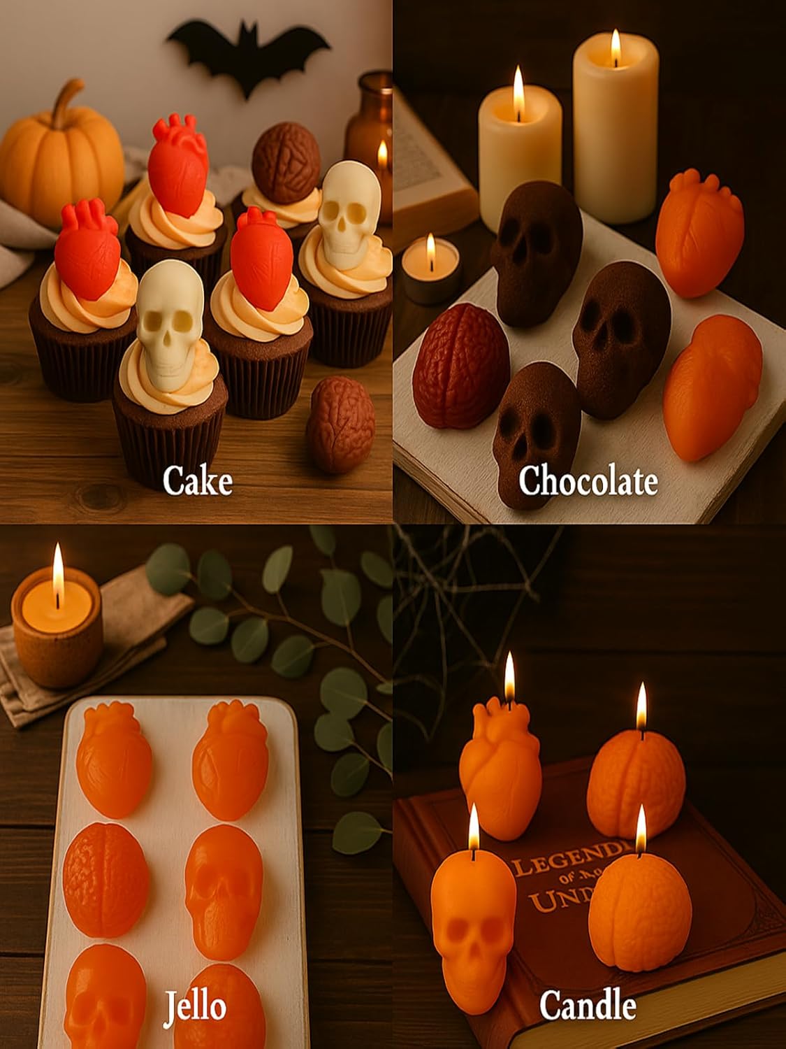 Halloween Silicone Molds & Gothic Chocolate Molds - 3D Skull, Heart, and Brain Halloween Baking Mold for DIY Cake, Chocolate, Jello, Ice Cube, Soap, Resin, and Candle Halloween Decorations