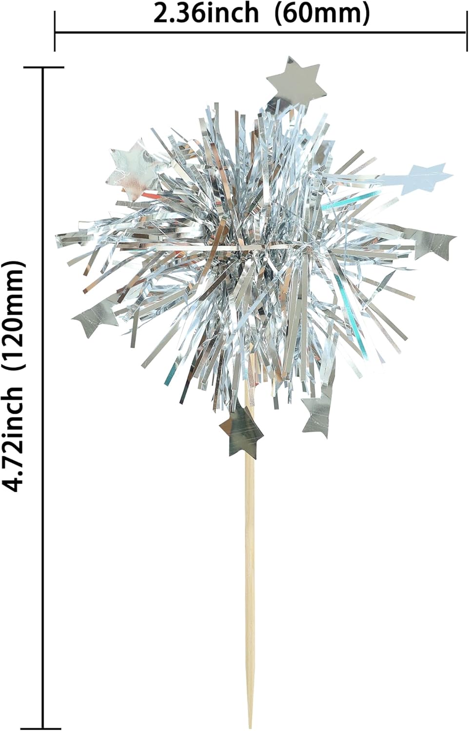 Gyufise 30Pcs Foil Firework Cupcake Toppers Sparkle Tinsel Star Cake Toppers Tinsel Drink Cake Decoration Cocktail Picks for Birthday Wedding Graduation Party Supplies Silver