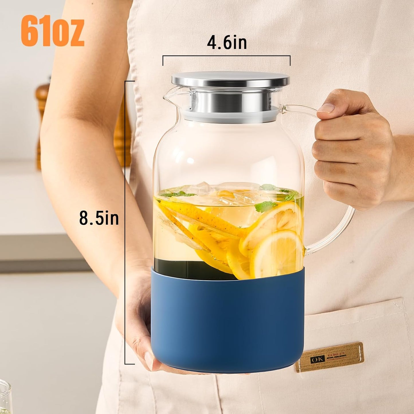 PARACITY Water Pitcher with Silicone Base 61oz/ 1.8L, Hot& Cold Glass Pitcher with Lid and Handle, Glass Carafe with Lid for Coffee, Juice, Lemonade and Milk (Blue base)