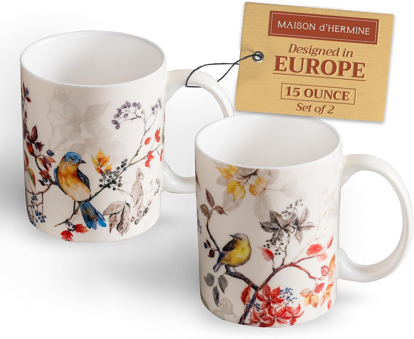 Maison d' Hermine Coffee Mug with Handles Fine Bone China Mugs Pack of Two Tea Cups for Hot Beverages Cappuccino Latte Home Restaurant Office Perfect for Gift (Equinoxe - Beige, 15 Ounce)