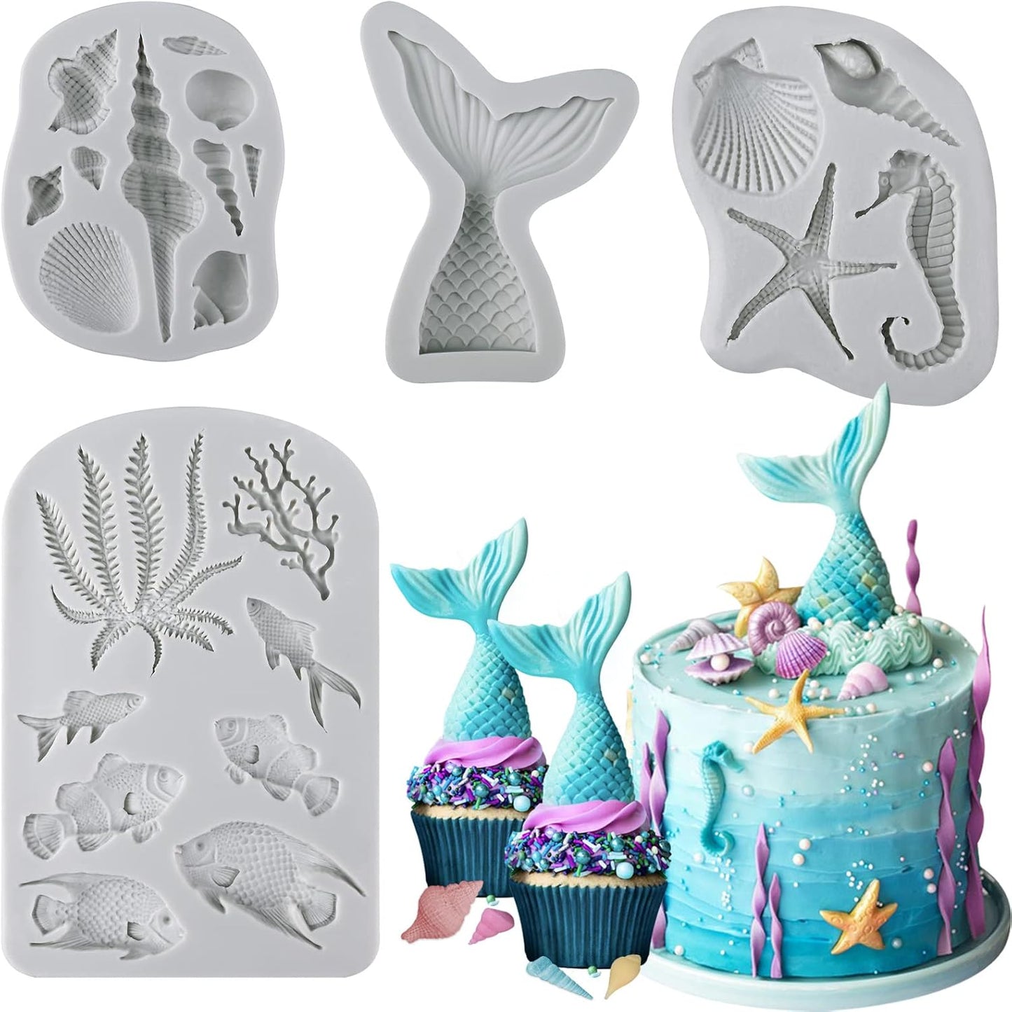 Sakolla Marine Theme Fondant Molds, 4 PCS Mermaid Tail Seashell Conch Starfish Baking Silicone Molds for Cake Decoration Chocolate Soap Crafting
