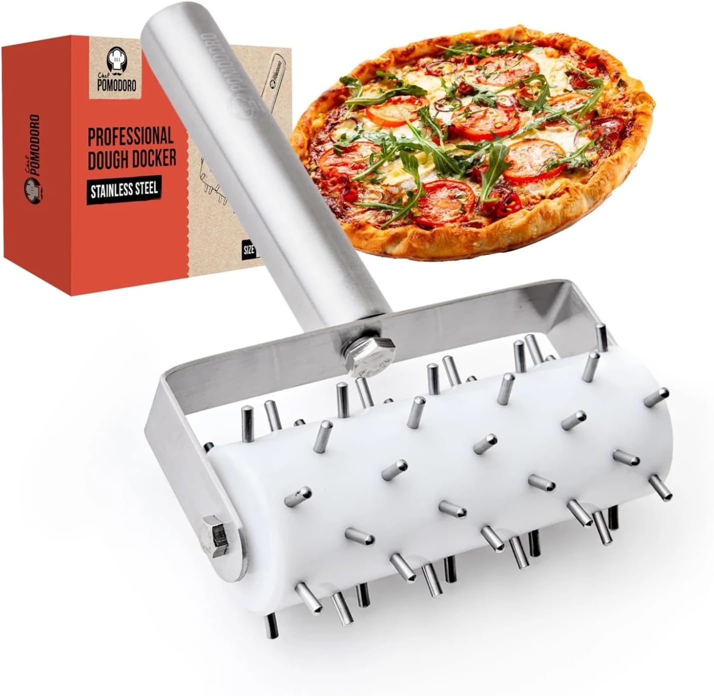 Pizza Dough Roller Docker – Stainless Steel Pizza Roller Dough Pin Puncher & Hole Maker Tool for Pie, Pastry, Cookie, Bread – Medium White