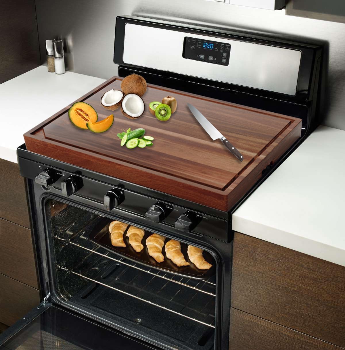 Acacia Noodle Board Stove Cover with Wavy Handles, Wooden Stove Top Cover for Gas Burners & Electric Stove, Stovetop Cutting Board with Juice Grooves, Serving Tray 30"L x 22"W x 2.5"H