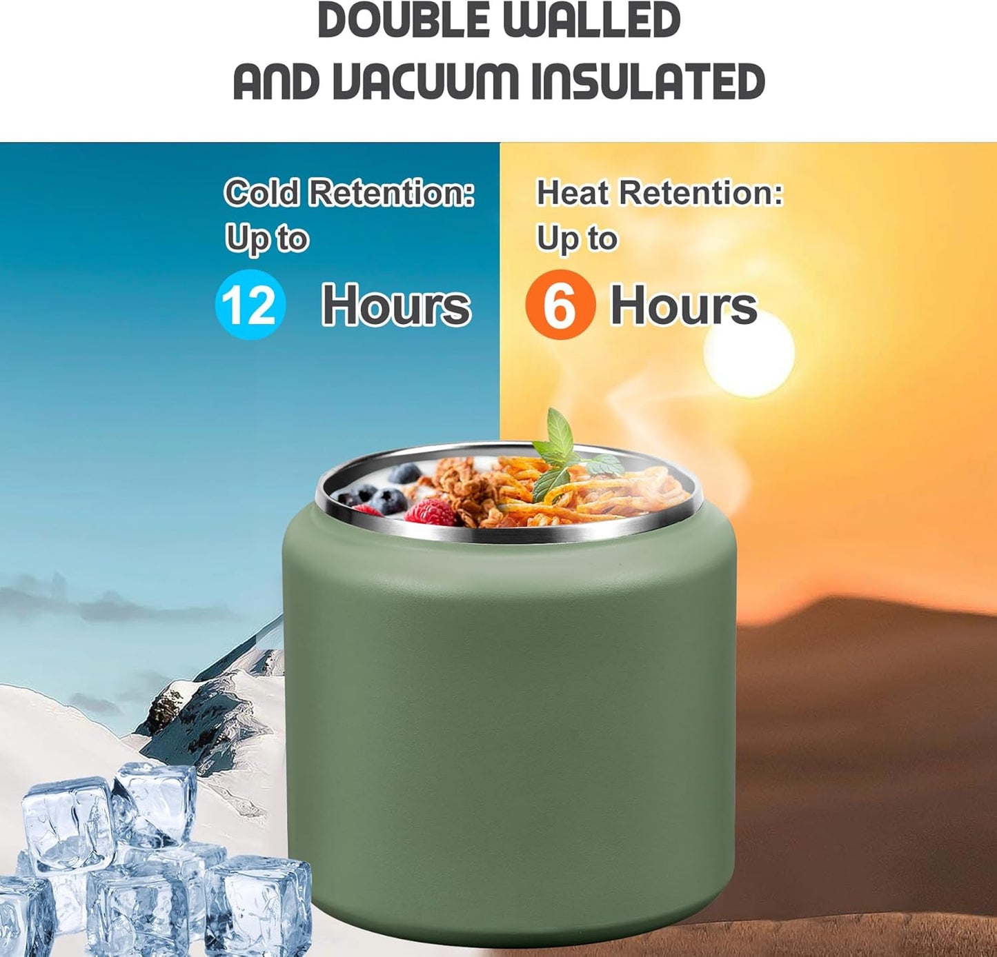 26oz Soup Thermo for Hot Food Kids with Buckle Lid Insulated Vacuum Food Jar Wide Mouth Leakproof Stainless Steel Lunch Container (Green)