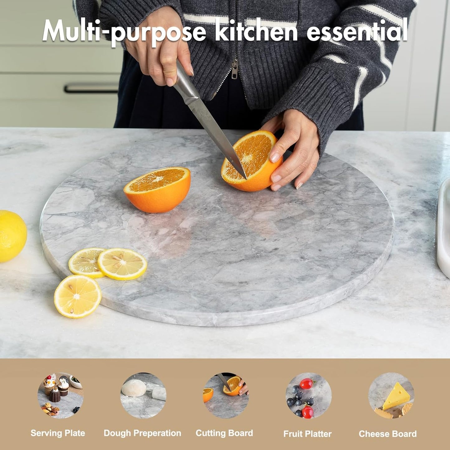 Koville Grayish White Marble Cutting Board Round, 16" Marble Cheese Board for Kitchen - Non-Stick Heat Resistant Stone Cutting Boards for Baking, Charcuterie, Pastry, Trivet