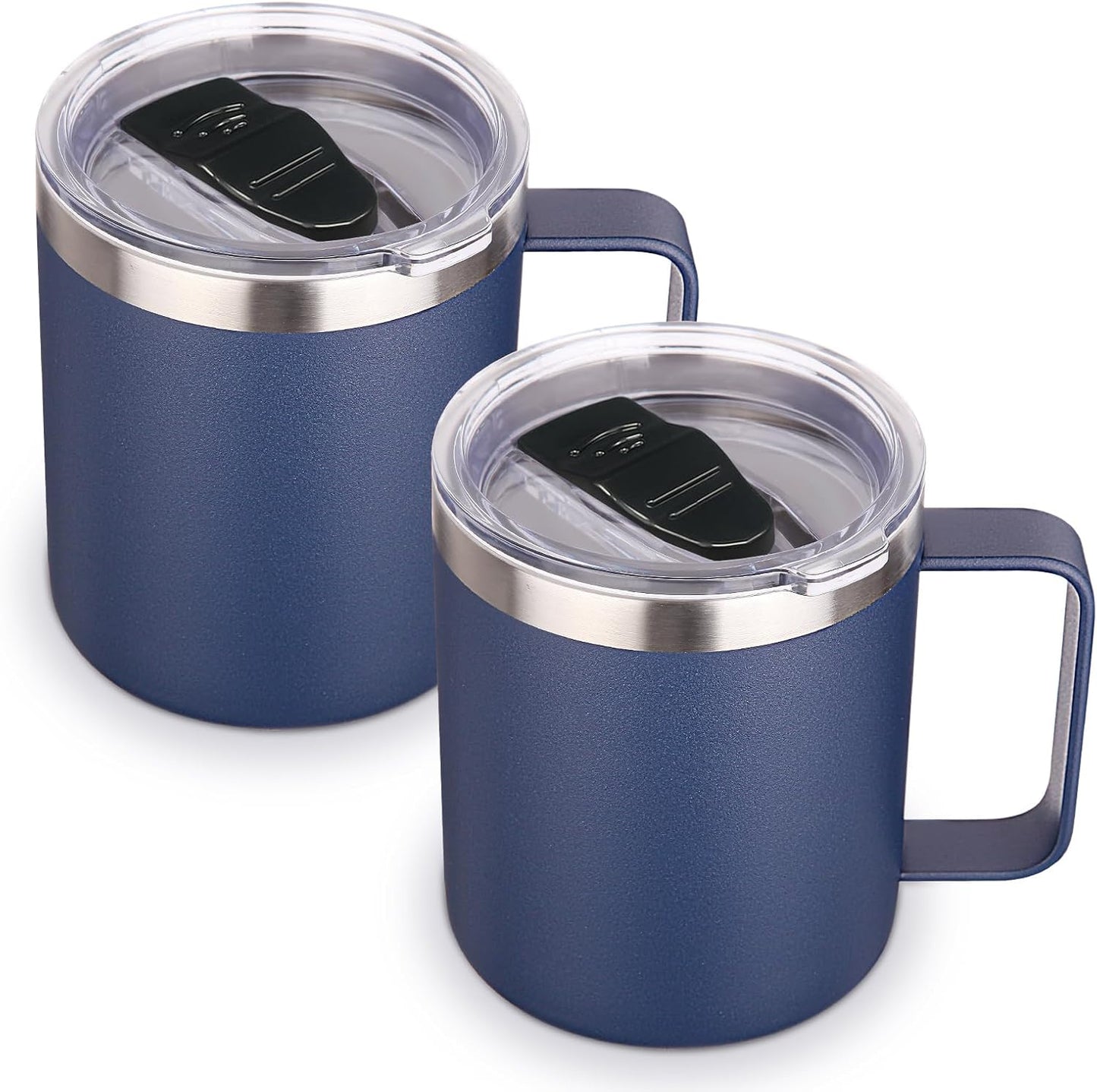 Volhoply 14oz Insulated Stainless Steel Coffee Mug with Lid Bulk 2 Pack,Double Wall Vacuum Travel Coffee Cup with Handle,Reusable Metal Cups Tumbler,Camping Mugs Keep Hot,Ideal Gifts(Navy,2)