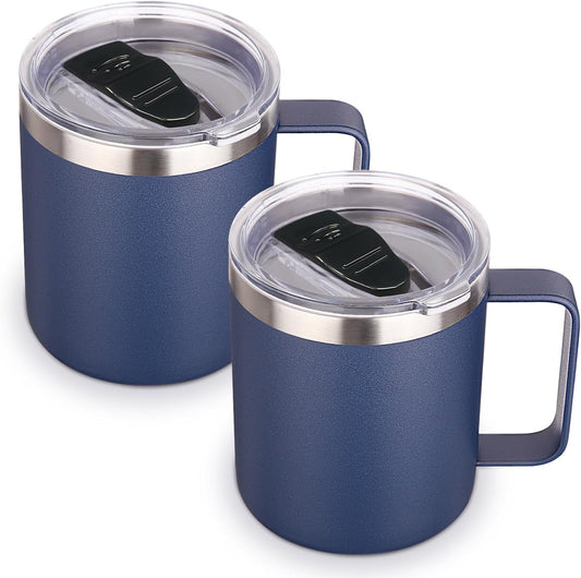 Volhoply 14oz Insulated Stainless Steel Coffee Mug with Lid Bulk 2 Pack,Double Wall Vacuum Travel Coffee Cup with Handle,Reusable Metal Cups Tumbler,Camping Mugs Keep Hot,Ideal Gifts(Navy,2)