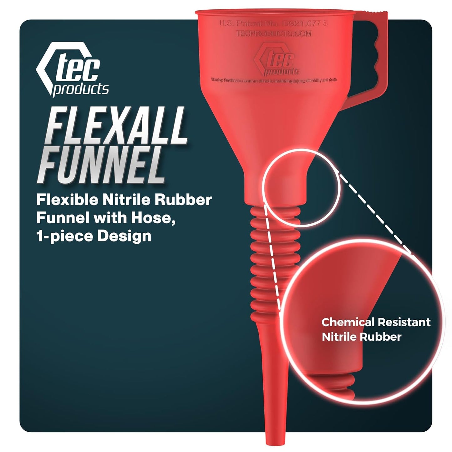 FlexAll Long Flexible Funnel for Automotive Use - Durable Nitrile Rubber - Ideal for Car Oil Change, Transmission Funnel Fluid, Diesel, Fuel, Gas - Made in USA - Red (12 x 4 Inches)