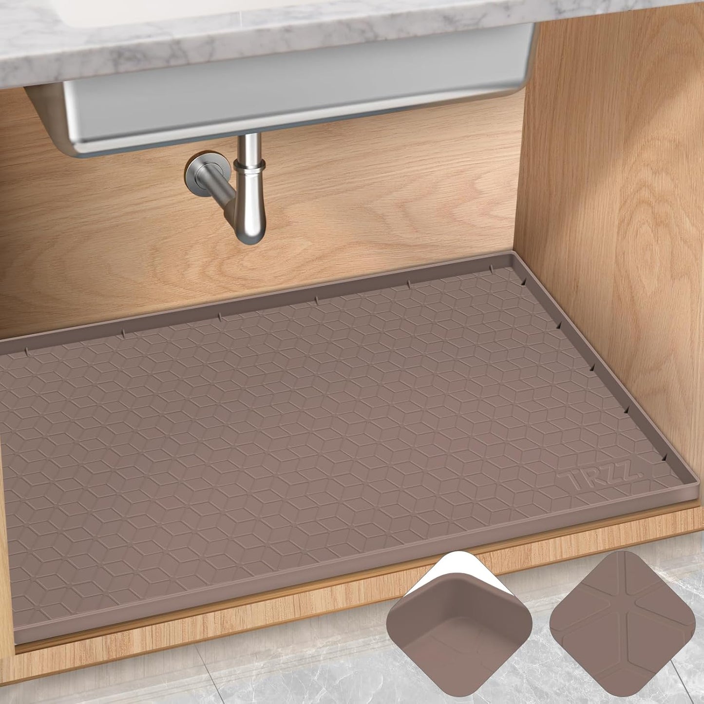 TRZZ Silicone Waterproof Under Sink Mat 28" x 19", Drip Tray and Cabinet Liner for Kitchen and Bathroom, Prevents Water Damage and Organizes Cabinets (Brown)