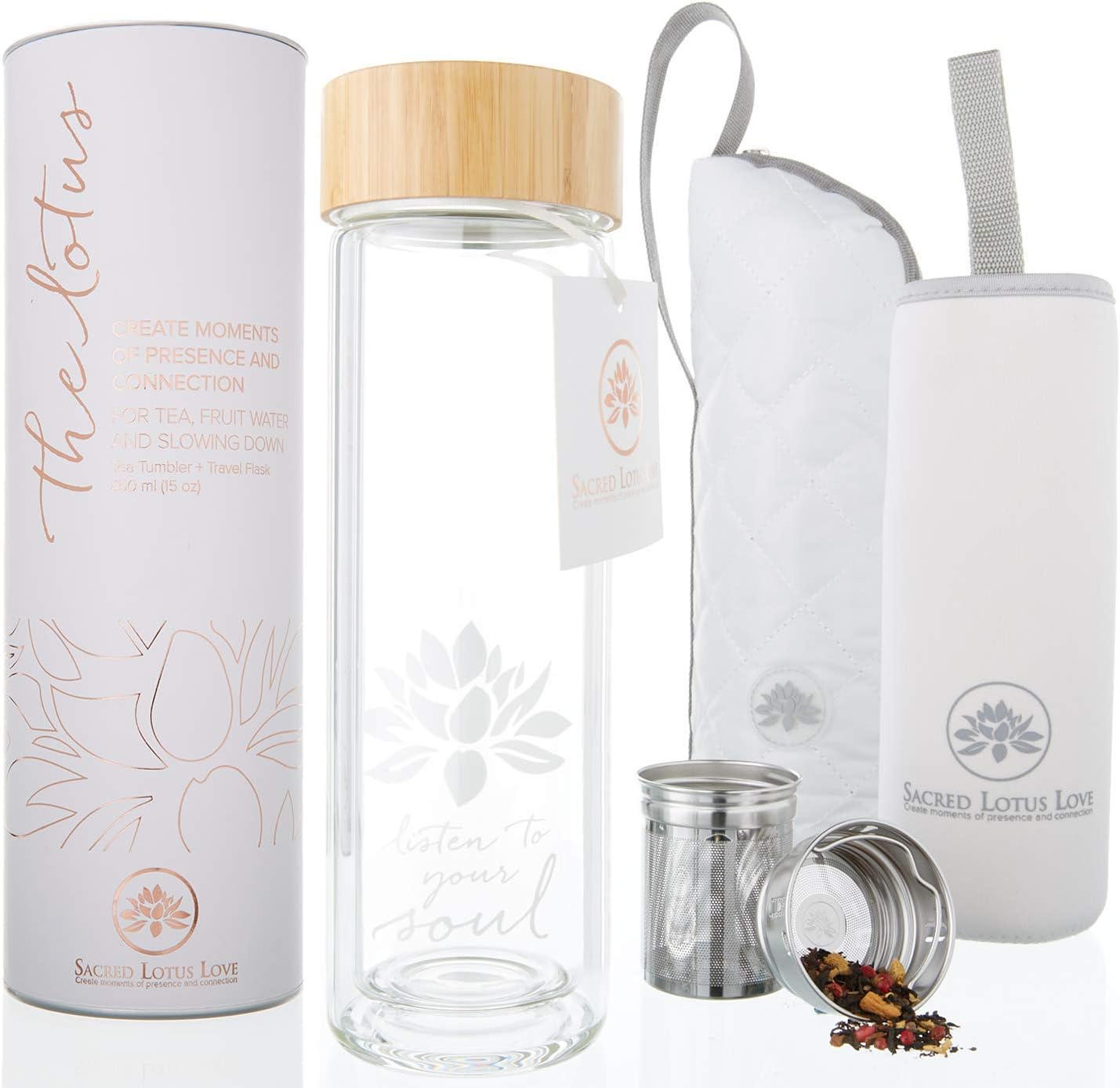 Sacred Lotus Love Double-Walled Glass Tea Tumbler with Infuser and Strainer 15oz - Perfect for Loose Leaf Tea, Cold or Hot Water Bottle, Fruit Drinks - Comes with Travel Sleeve and Cozy