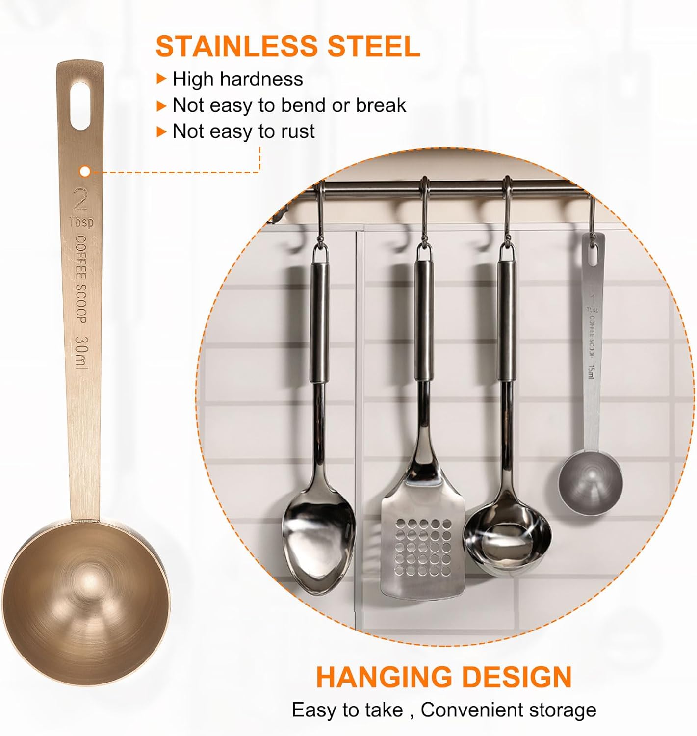 HARFINGTON Coffee Scoop Spoon 2tbsp (6tsp, 30ml) 304 Stainless Steel Long Handle Teaspoon/Tablespoon Measuring Spoons Scoops for Tea Sugar Kitchen, Rose Gold