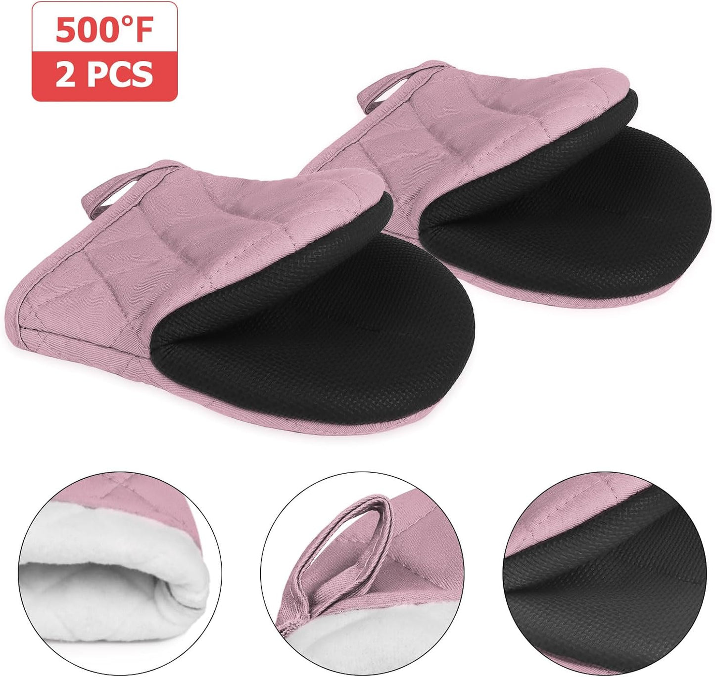 1 Pair Short Oven Mitts, Heat Resistant Silicone Kitchen Mini Oven Mitts for 500 Degrees, Non-Slip Grip Surfaces and Hanging Loop Gloves, Baking Grilling Barbecue Microwave Machine Washable