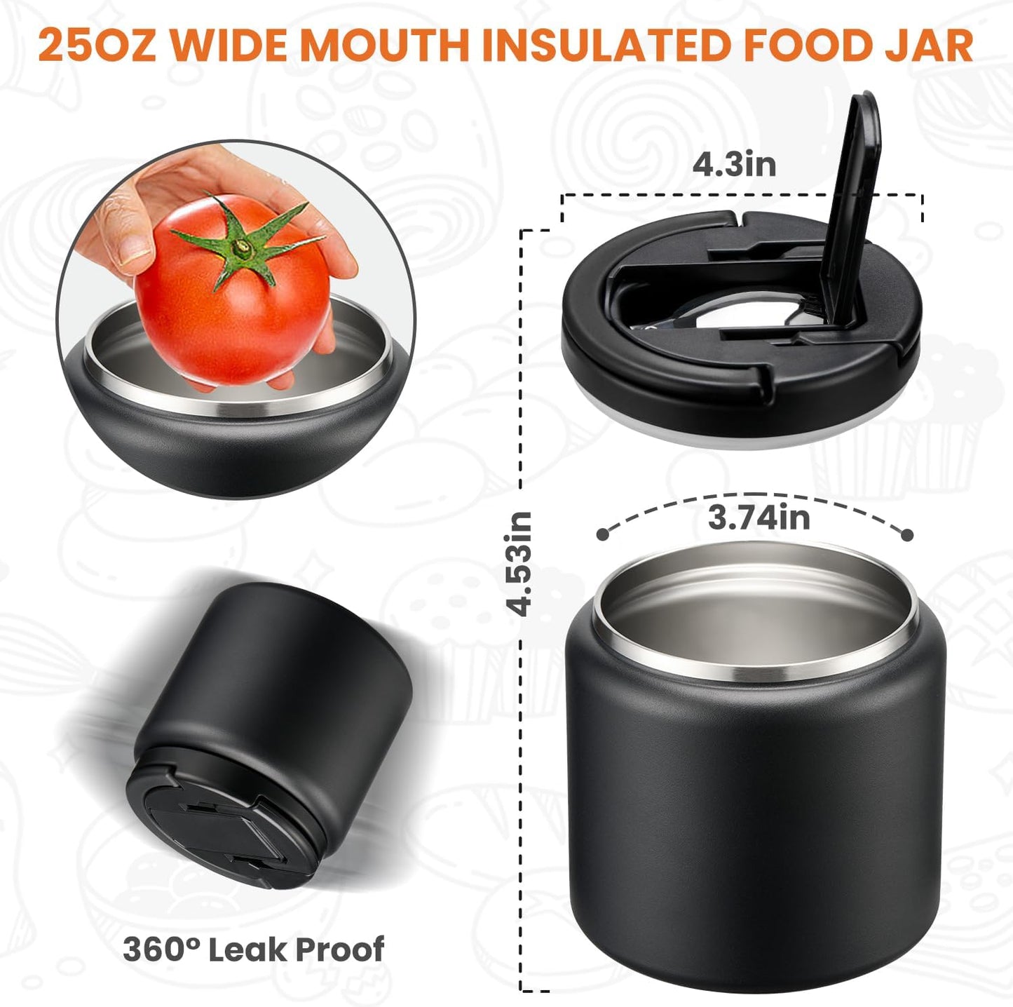 Soup Thermo for Hot Food Kids 25.5oz Lunch Containers with Buckle Lid Wide Mouth Hot Food Jar Vacuum Insulated Stainless Steel Bento Box Leakproof with Spoon(Black)